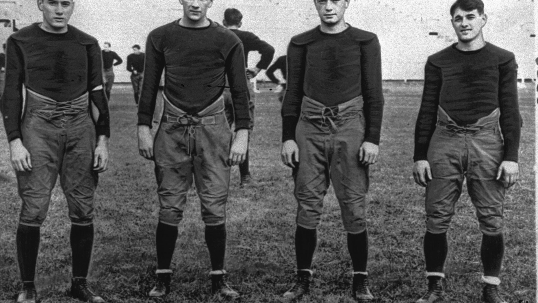 FILE - In this 1924, file photo, Notre Dame's infamous backfield, "The Four Horsemen," from left, Don Miller, Elmer Layden, Jim Crowley and Harry Stuhldreherare pose on the practice field in South Bend, Ind. Notre Dame, led by the famed Four Horsemen, finished 10-0 in 1925. There was no national champion declared at the time, but two years later University of Illinois economics professor Frank Dickinson devised a mathematical point system to determine a national champion, Stephens said. Notre Dame coach Knute Rockne persuaded Dickinson to retroactively determine a national champion for the 1925 (Dartmouth) and 1924 seasons. (AP Photo/File)
