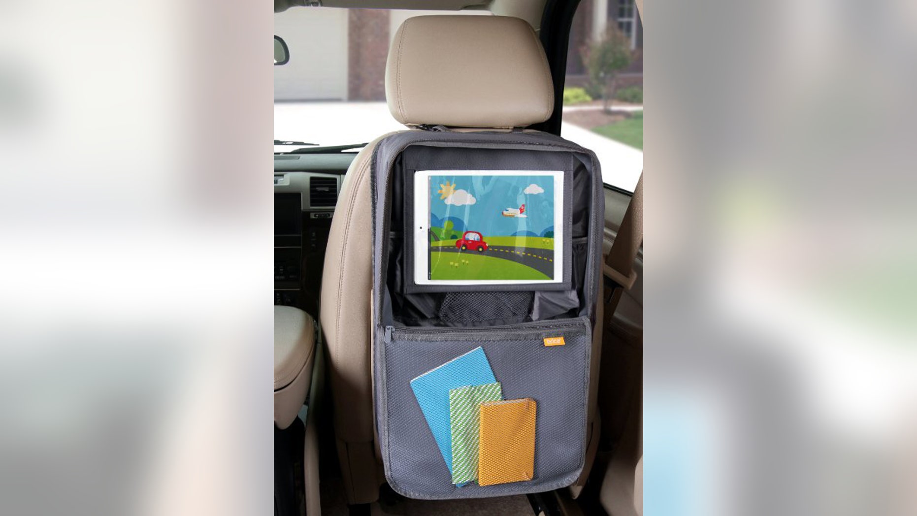 This handy backseat holder displays your favorite tablet while also keeping other knick knacks organized.