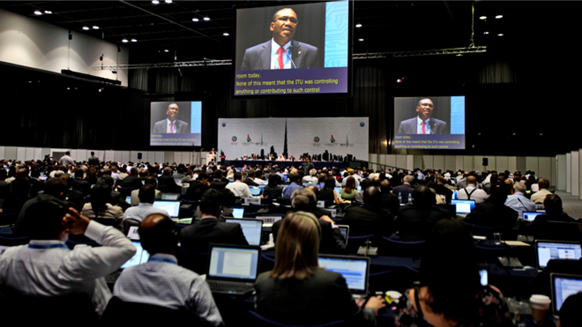 Dec. 3, 2012: Participants listen to the speech of Hamdoun Toure, Secretary General of International Telecommunication Union, ITU, at the start of the World Conference on International Telecommunication in Dubai, United Arab Emirates. The head of the U.N.'s telecommunication overseers sought Monday to quell worries about possible moves toward greater Internet controls during global talks in Dubai.