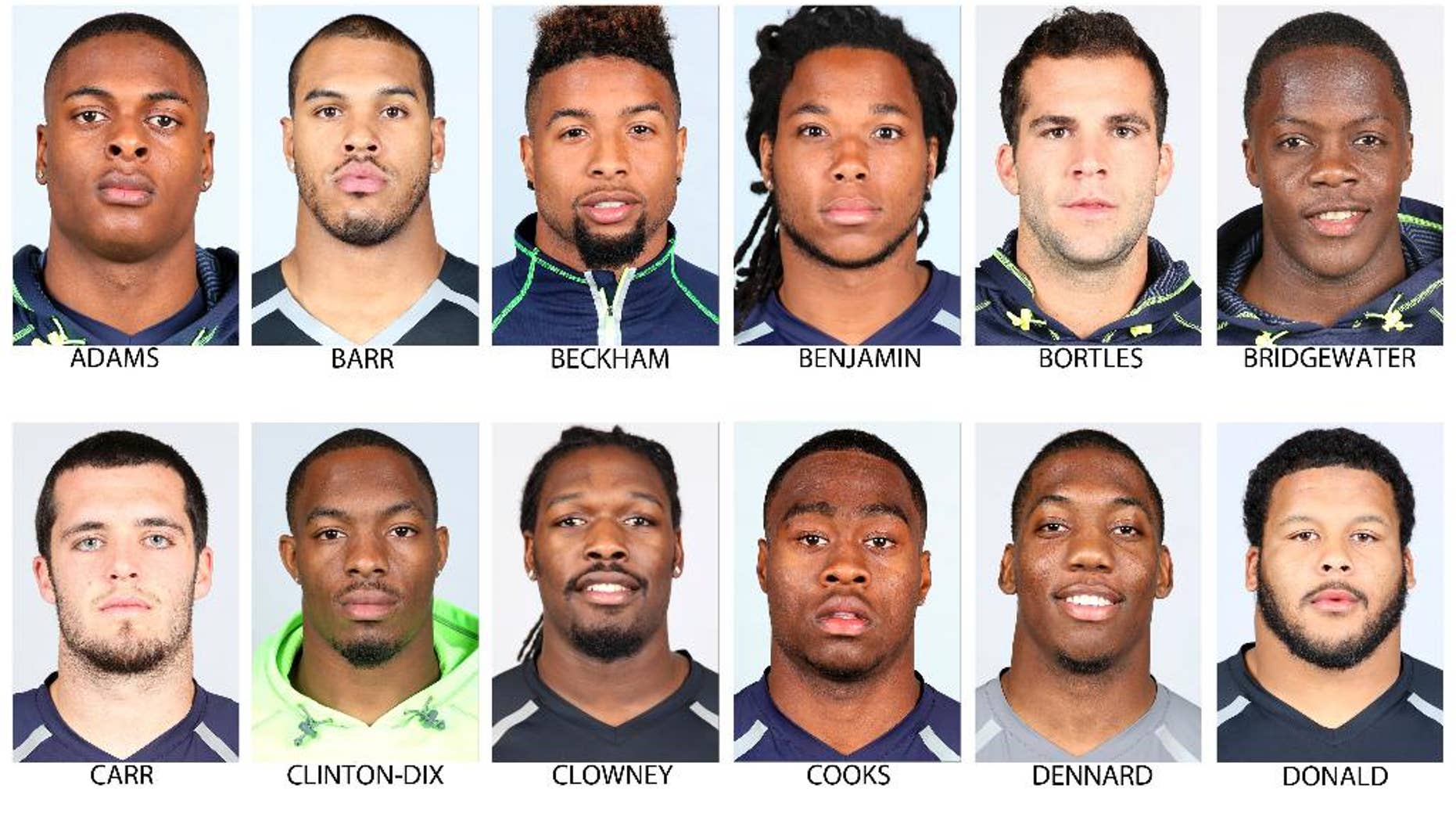 FILE - In these photos provided by the NFL, taken at the NFL Combine in Indianapolis in April 2014, NFL Draft prospects are shown. Top row from left are: Davonte Adams, Fresno State; Anthony Barr, UCLA; Odell Beckham, LSU, Kelvin Benjamin, Florida State; Blake Bortles, Central Florida and Teddy Bridgewater, Louisville. Bottom from left are: Derek Carr, Fresno State; Ha Ha Clinton-Dix, Alabama; Jadeveon Clowney, South Carolina; Brandin Cooks, Oregon State; Darqueze Dennard, Michigan State and Aaron Donald, Pittsburgh. (AP Photo/NFL) NO SALES