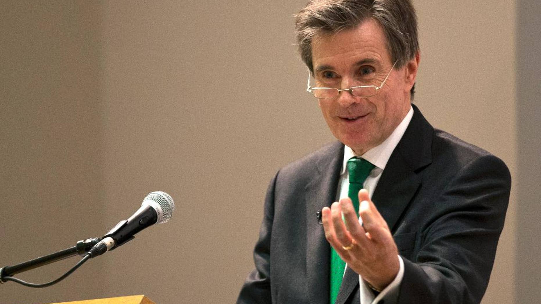 FILE - In this Monday, Feb. 16, 2015 file photo, former head of the British Secret Intelligence Service (MI6), John Sawers speaks at King's College part of the University of London, in London. Britain’s former spy chiefs have asked voters to keep the United Kingdom inside the European Union, arguing that the alliance gives their nation an edge in gathering anti-terrorist intelligence and underpins continental peace. The appeal published on Sunday May 8, 2016 by former MI5 director-general Jonathan Evans and former MI6 chief John Sawers sparked a fierce rebuttal from campaigners seeking a British exit from the 28-nation EU in the June 23 referendum. (AP Photo/Alastair Grant, File)