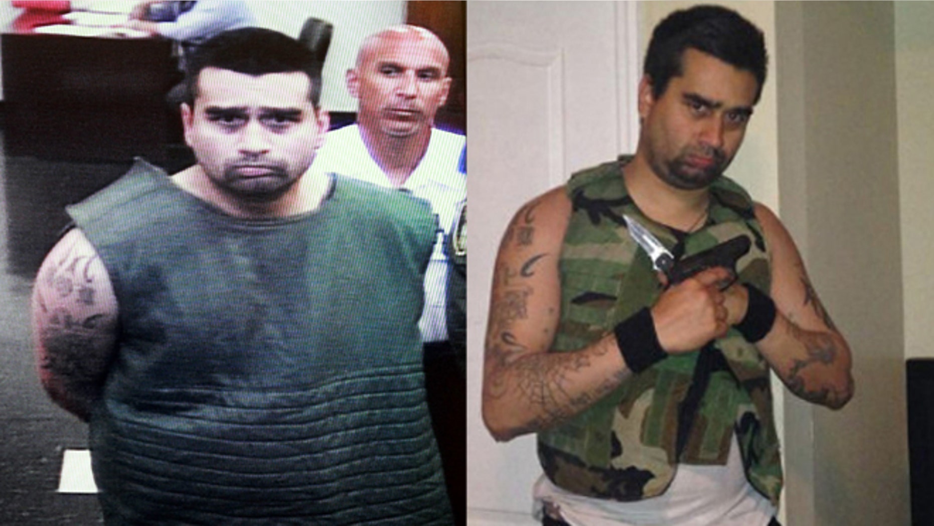 Derek Medina (pictured left) appears on closed circuit television in a special suicide watch gown before a Miami Dade County Judge. Derek in a Facebook photo holding weapons (right.)