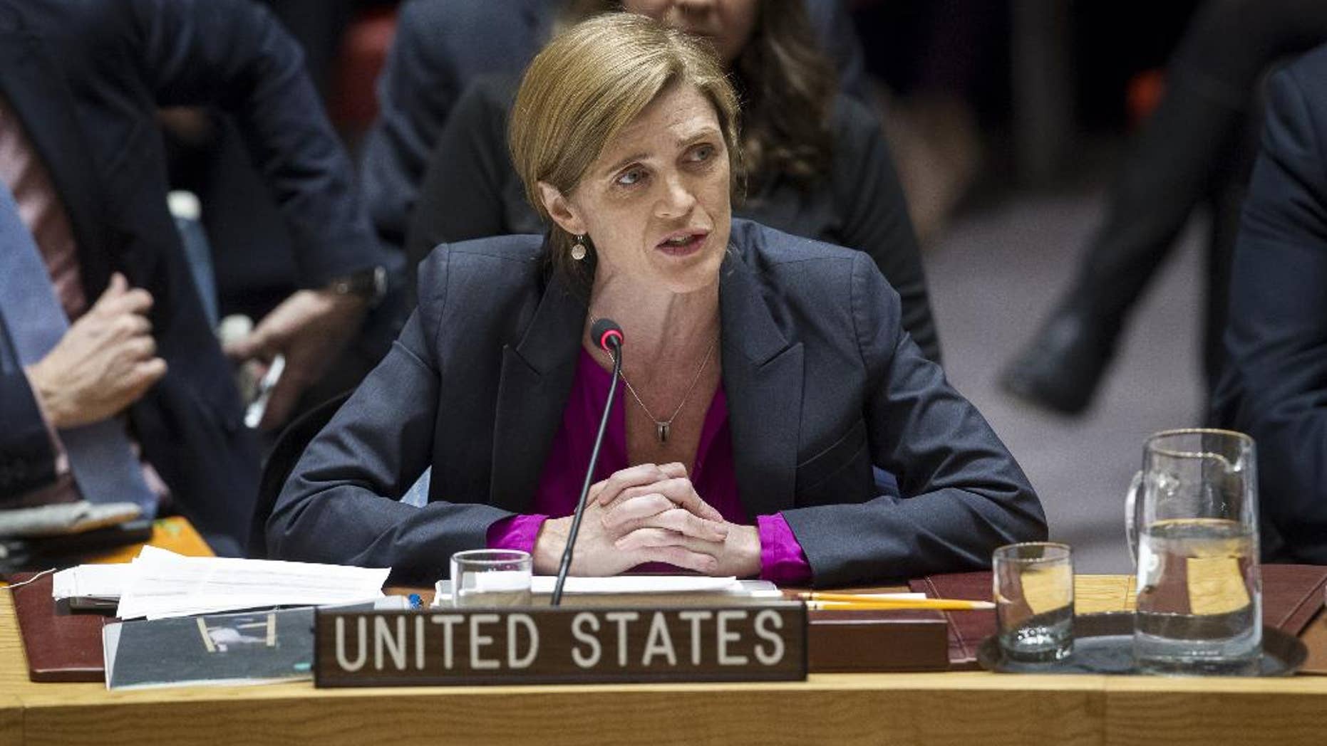 In this photo provided by the United Nations, Samantha Power, U.S. Ambassador to the United Nations, addresses the United Nations Security Council, after the council voted on condemning Israel's settlements in the West Bank and east Jerusalem, Friday, Dec. 23, 2016 at United Nations Headquarters. In a striking rupture with past practice, the United States allowed the U.N. Security Council on Friday to condemn Israel. (Manuel Elias/The United Nations via AP)