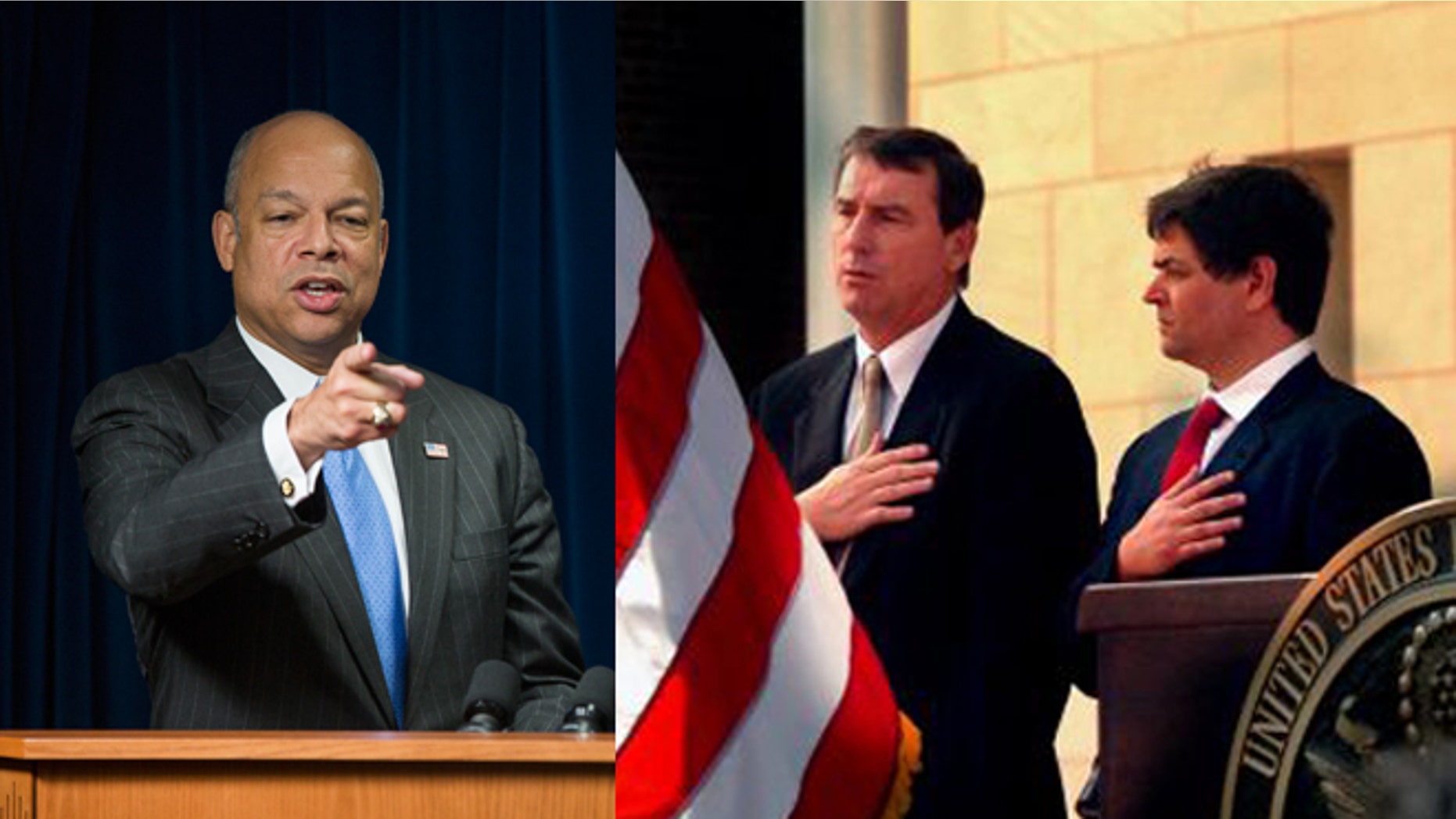 Left: Homeland Security Secretary Jeh Johnson (AP Photo/ Evan Vucci). Right: District Court Judge Anthony Hanen, at left. (AP Photo/The Brownsville Herald, Brad Doherty, File)