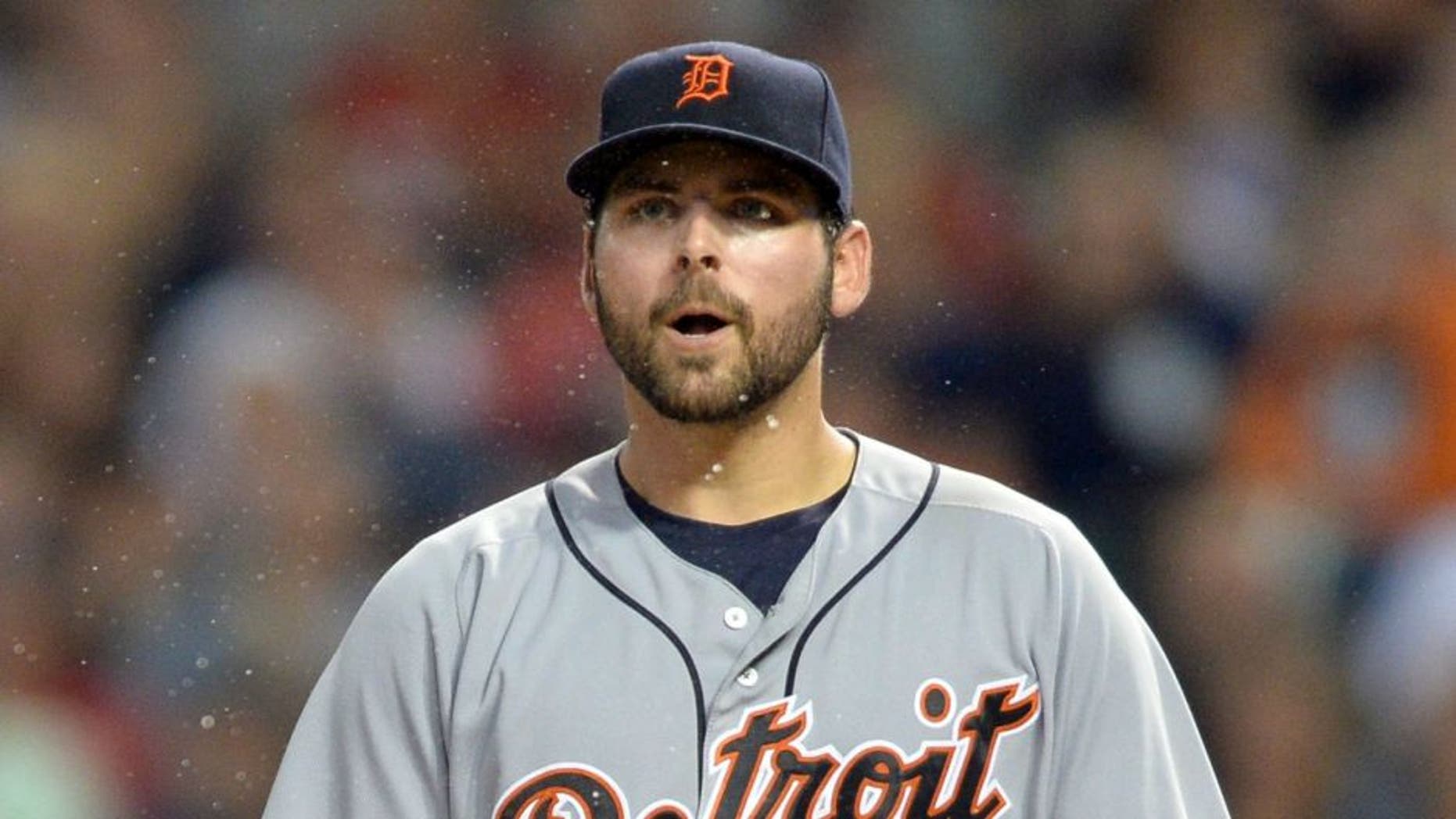 Sep 16, 2016; Cleveland, OH, USA; Detroit Tigers starting pitcher Michael Fulmer (32) reacts after being called for a balk during the third inning against the Cleveland Indians at Progressive Field. Mandatory Credit: Ken Blaze-USA TODAY Sports