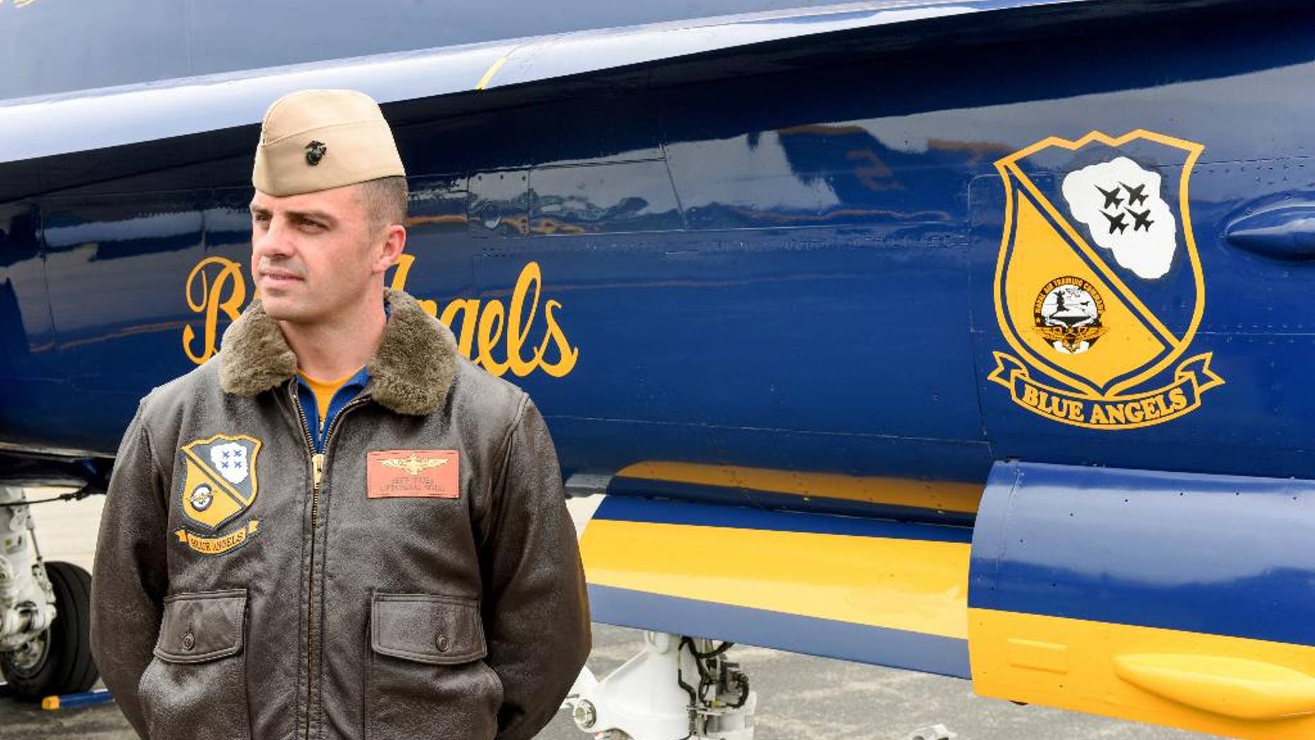 This May 19, 2016, photo shows Marine Capt. Jeff Kuss at an air show in Lynchburg, Va. A Blue Angels F/A-18 fighter jet crashed Thursday, June 2, near Nashville, Tenn., killing the pilot just days before a weekend air show performance, officials said. A U.S. official said the pilot was Kuss. (Matt Bell/The Register & Bee via AP) MANDATORY CREDIT
