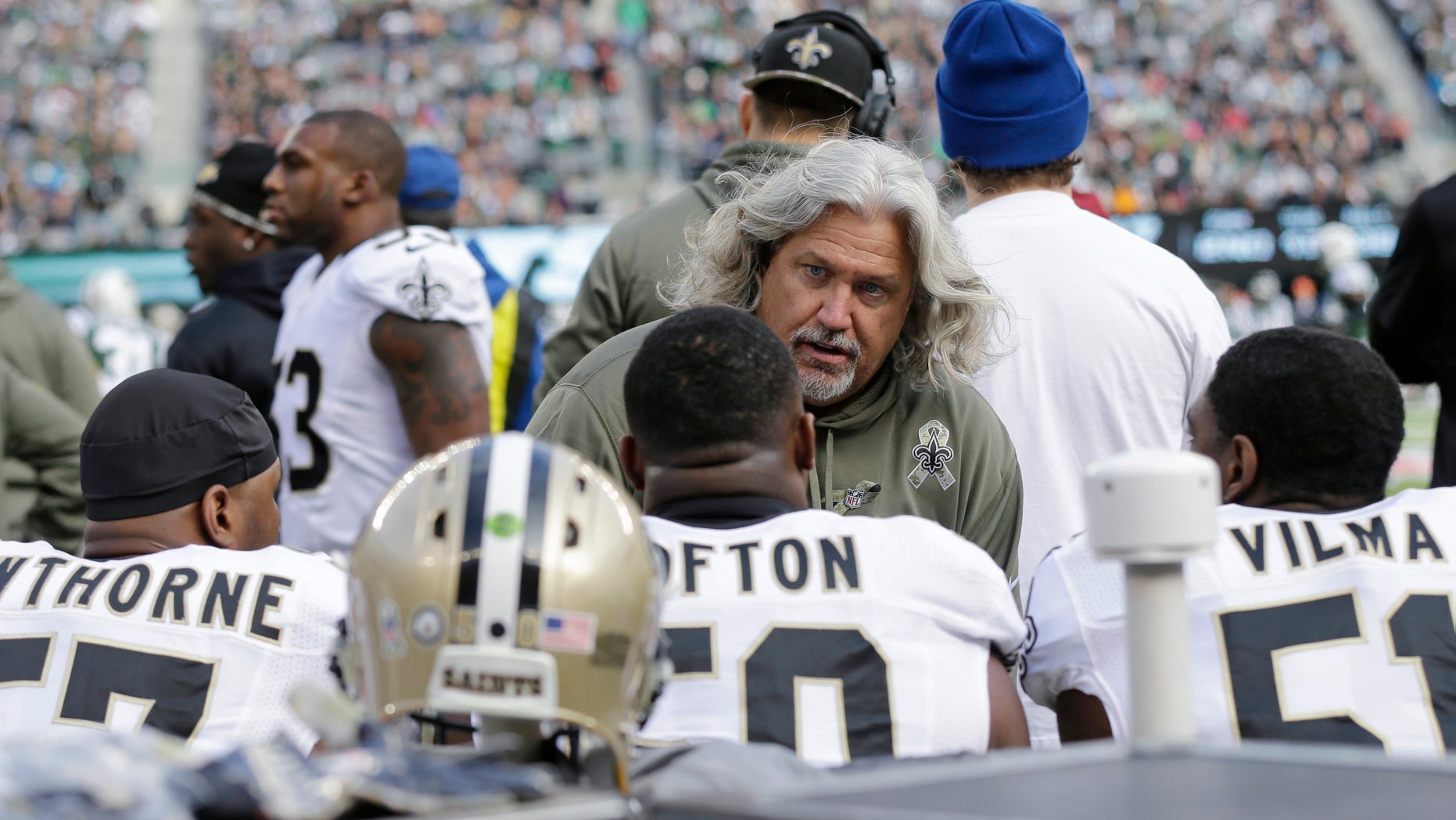 In this Nov. 3, 2013, photo, New Orleans Saints defensive coordinator Rob Ryan talks to his team during the first half of an NFL football game against the New York Jets in East Rutherford, N.J. In his first season with New Orleans, Ryan has perhaps done his best work yet, keeping a unit beset by key injuries performing well into the divisional round of the playoffs. Now, however, the Saints' defense returns to Seattle, site of its worst performance this season. (AP Photo/Mel Evans)