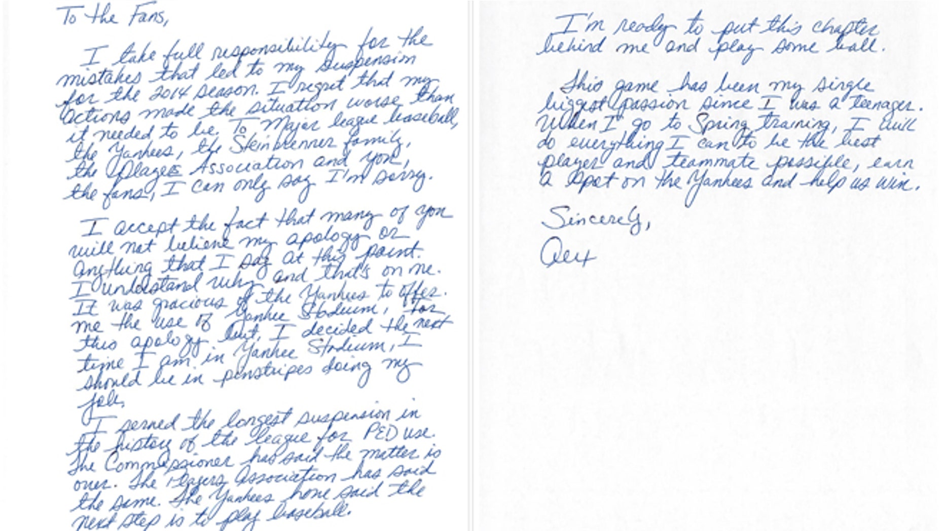 The two-page apology issued Tuesday, Feb. 17, 2015, three days before the team opens spring training.