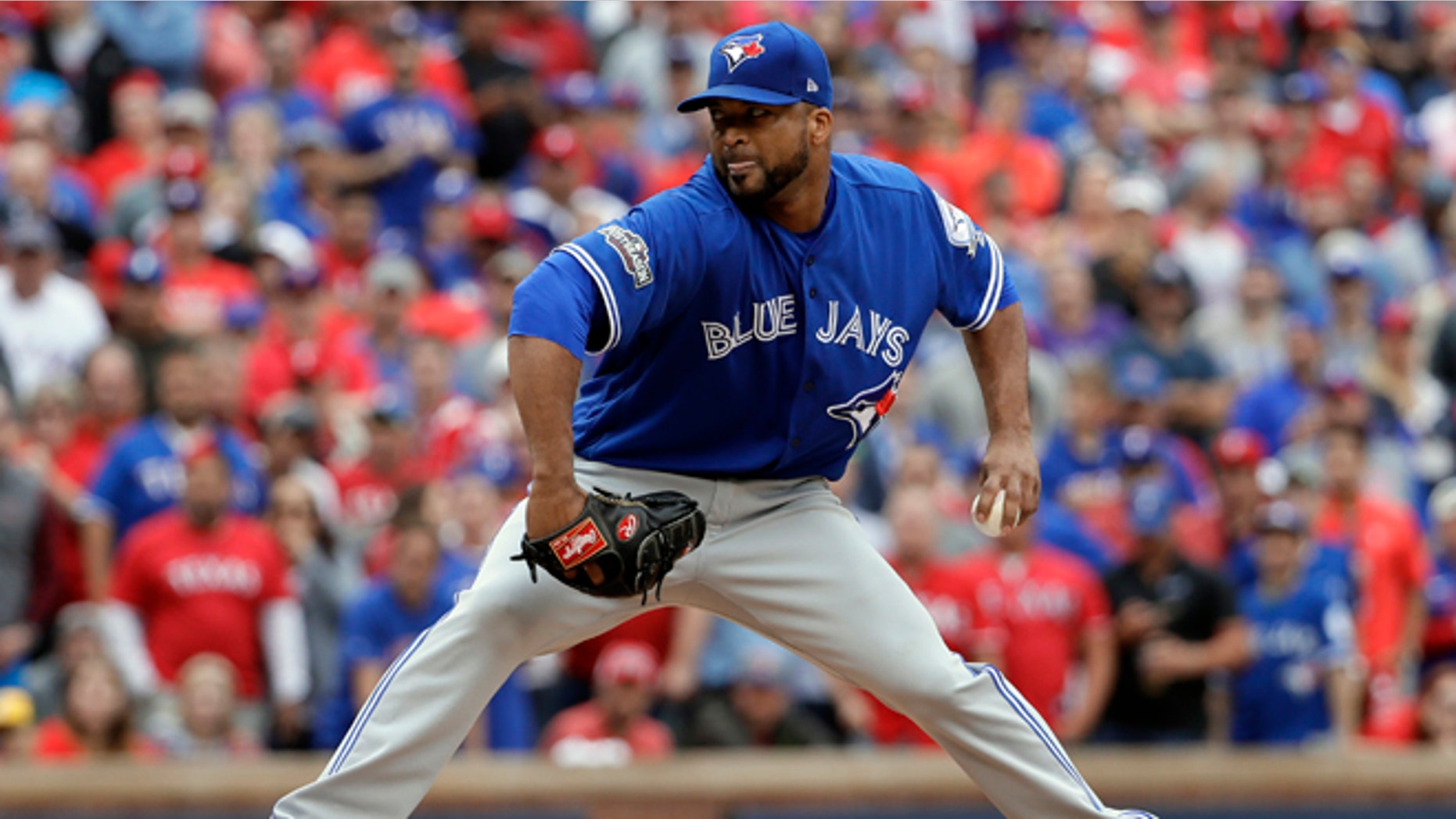 Toronto Blue Jays relief pitcher Francisco Liriano throws against the Texas Rangers in the eighth inning of Game 2 of baseball's American League Division Series, Friday, Oct. 7, 2016, in Arlington, Texas. (AP Photo/David J. Phillip)