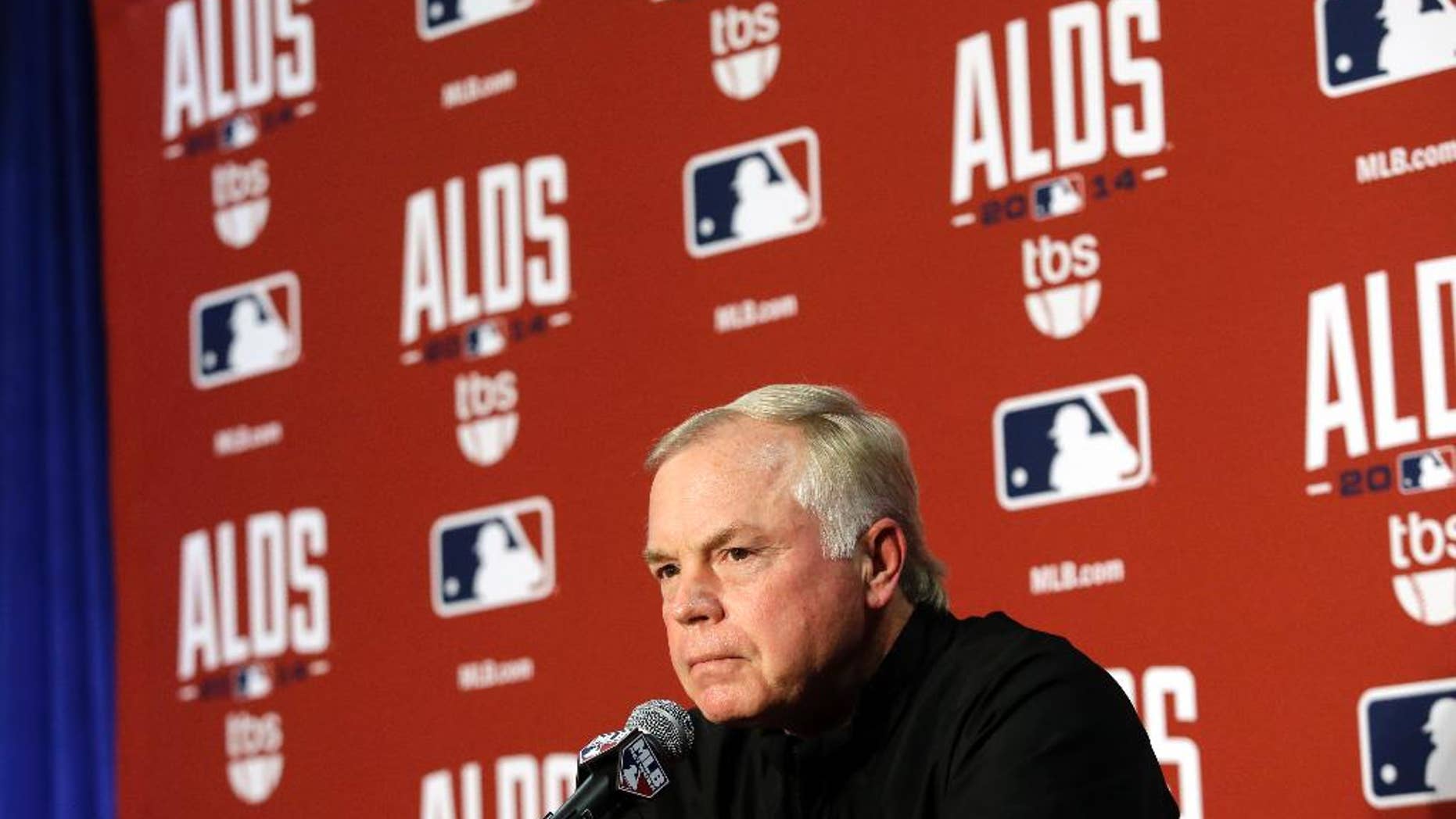 Baltimore Orioles manager Buck Showalter speaks at a news conference, Wednesday, Oct. 1, 2014, in Baltimore. The Orioles start the playoffs against the Detroit Tigers in Game 1 of the American League Division Series Thursday. (AP Photo/Patrick Semansky)