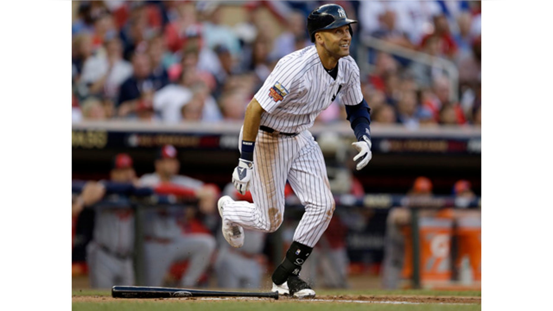 July 15, 2014: American League shortstop Derek Jeter of the New York Yankees singles during the third inning of the All-Star Game in Minneapolis. (AP Photo/Jeff Roberson)