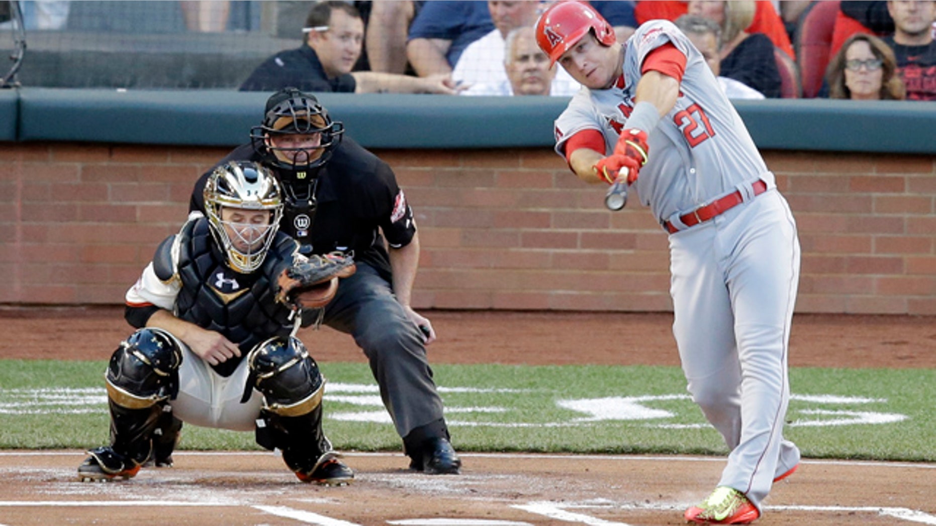 July 14, 2015: Mike Trout of the Los Angeles Angels hits a home run during the first inning of the MLB All-Star baseball game in Cincinnati. (AP Photo/Michael E. Keating )