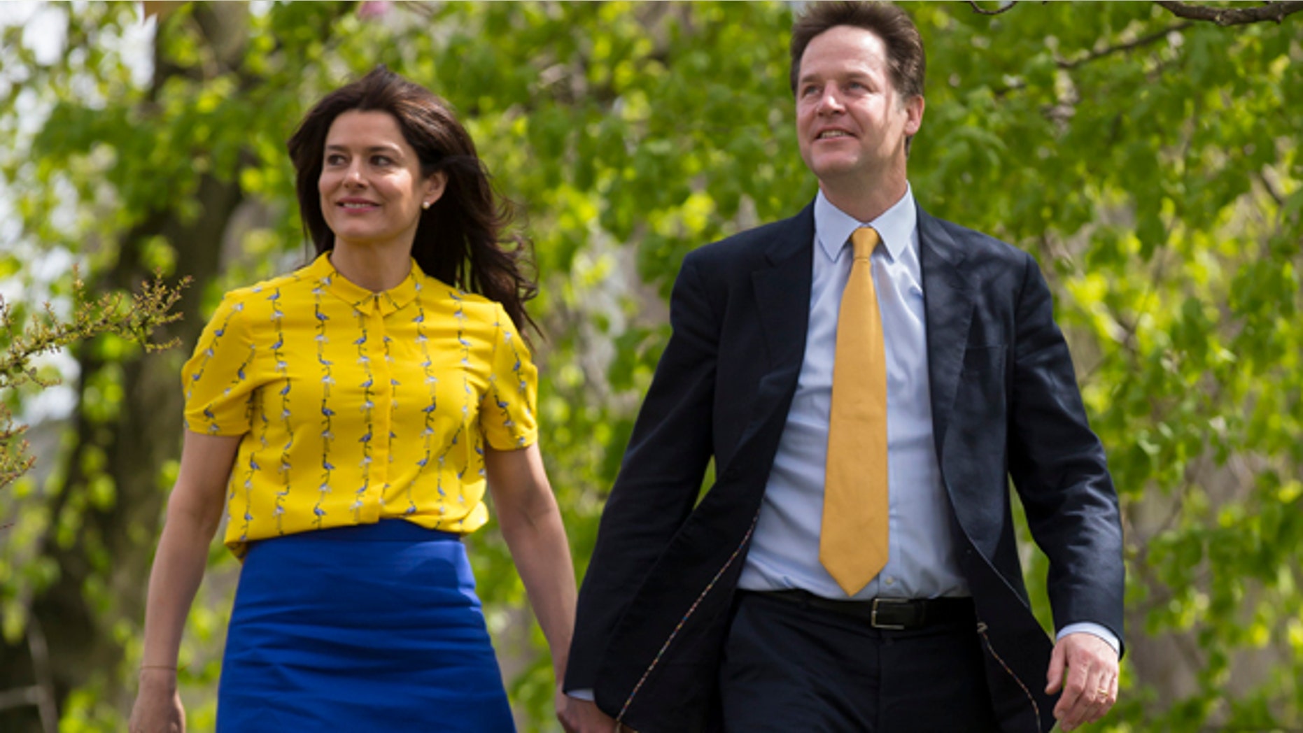 May 7, 2015: Liberal Democrat leader Nick Clegg and his wife Miriam Gonzalez Durantez arrive to vote at the Hall Park Centre in Sheffield, England as Britain takes to the polls in a general election. (AP Photo/Jon Super)