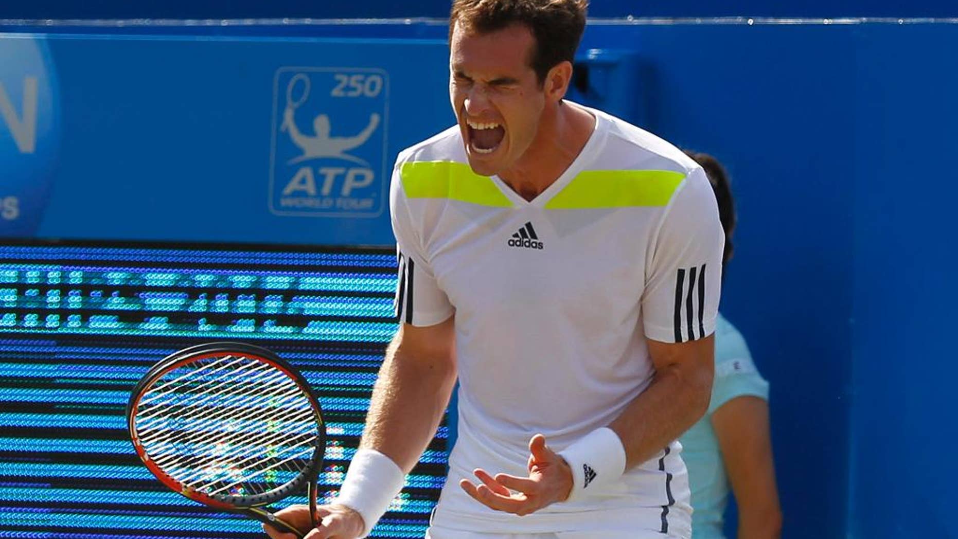 Andy Murray of Britain cries out after a point lost to Radek Stepanek of Czech Republic during their Queen's Club grass court championships 3rd round tennis match in London, Thursday, June 12, 2014. (AP Photo/Sang Tan)