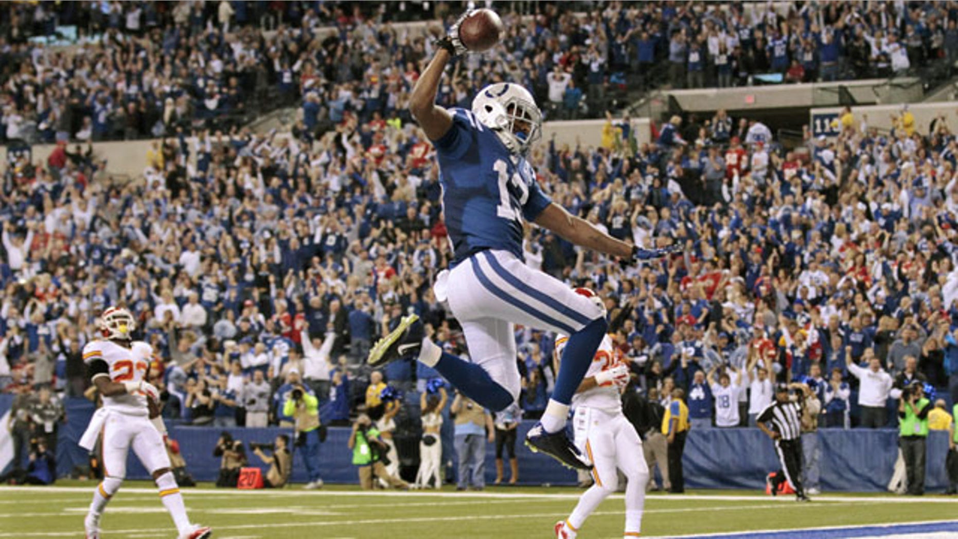 January 4, 2014: Indianapolis Colts wide receiver T.Y. Hilton (13) makes a touchdown to move ahead of Kansas City Chiefs 45-44 during the second half of an NFL wild-card playoff football game in Indianapolis. (AP Photo/AJ Mast)