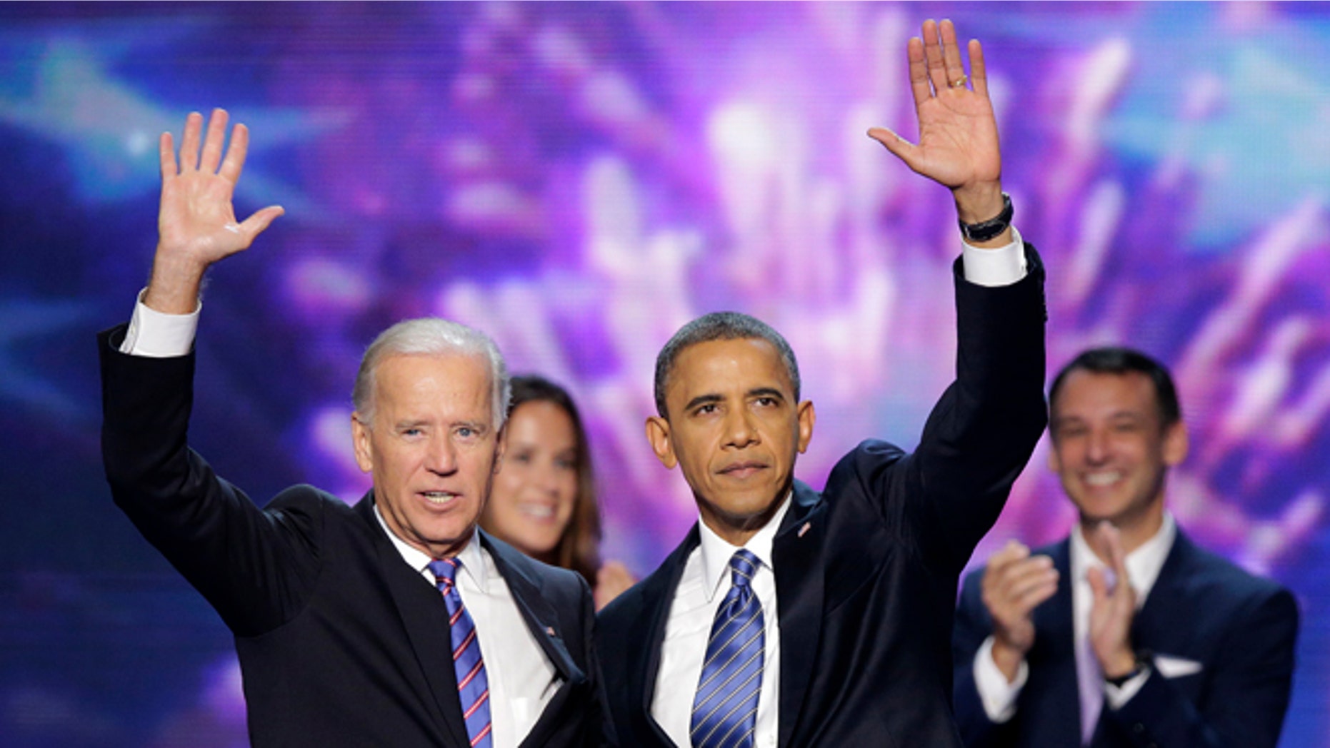 Sept. 6, 2012: Vice President Joe Biden and President Barack Obama wave to the delegates at the conclusion of Presdident Obama's speech at the Democratic National Convention in Charlotte, N.C.