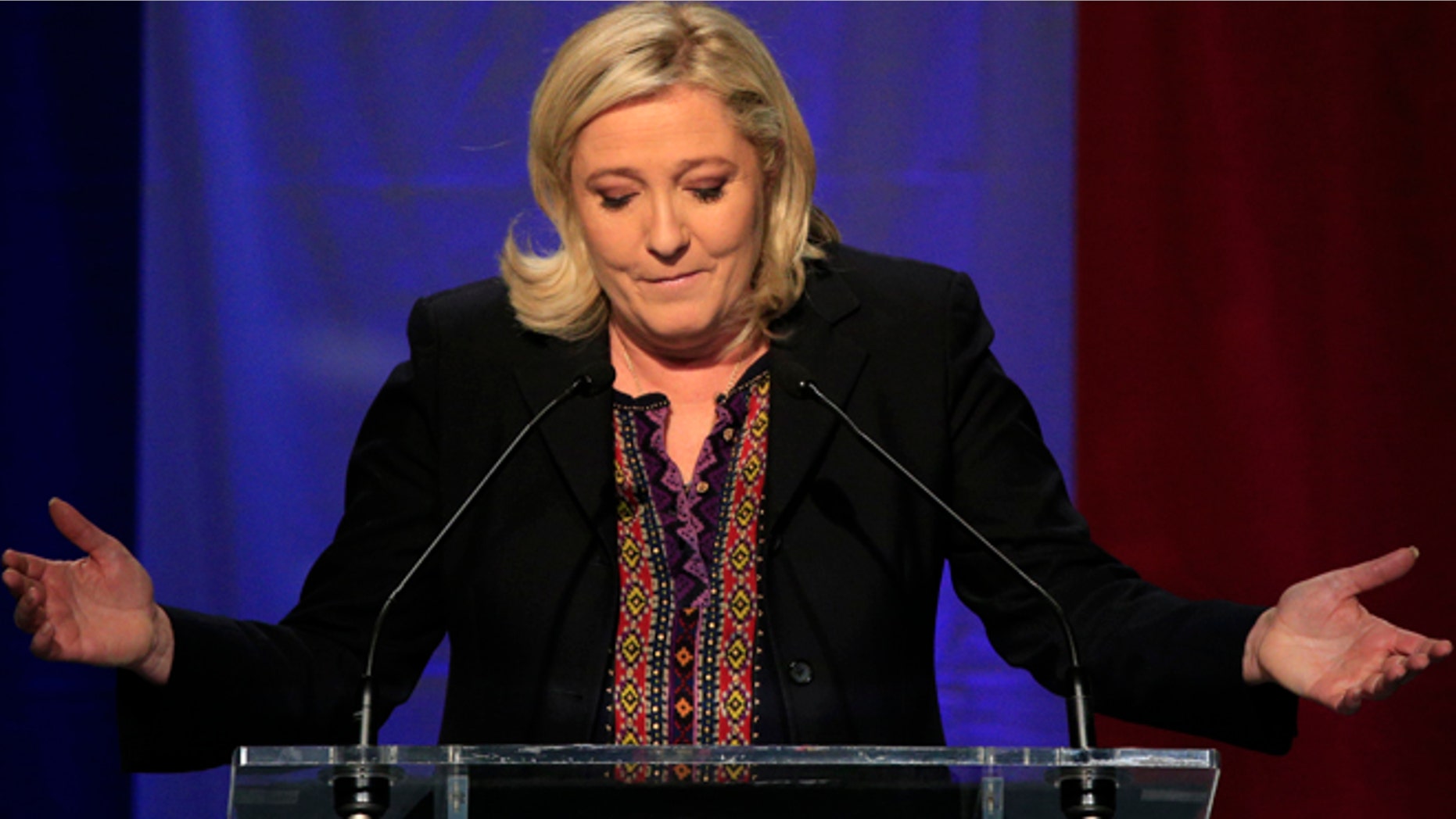 Dec. 13, 2015: Far Right National Front party leader Marine Le Pen delivers her speech after the results of the second round of the regional elections in Henin-Beaumont, northern France.