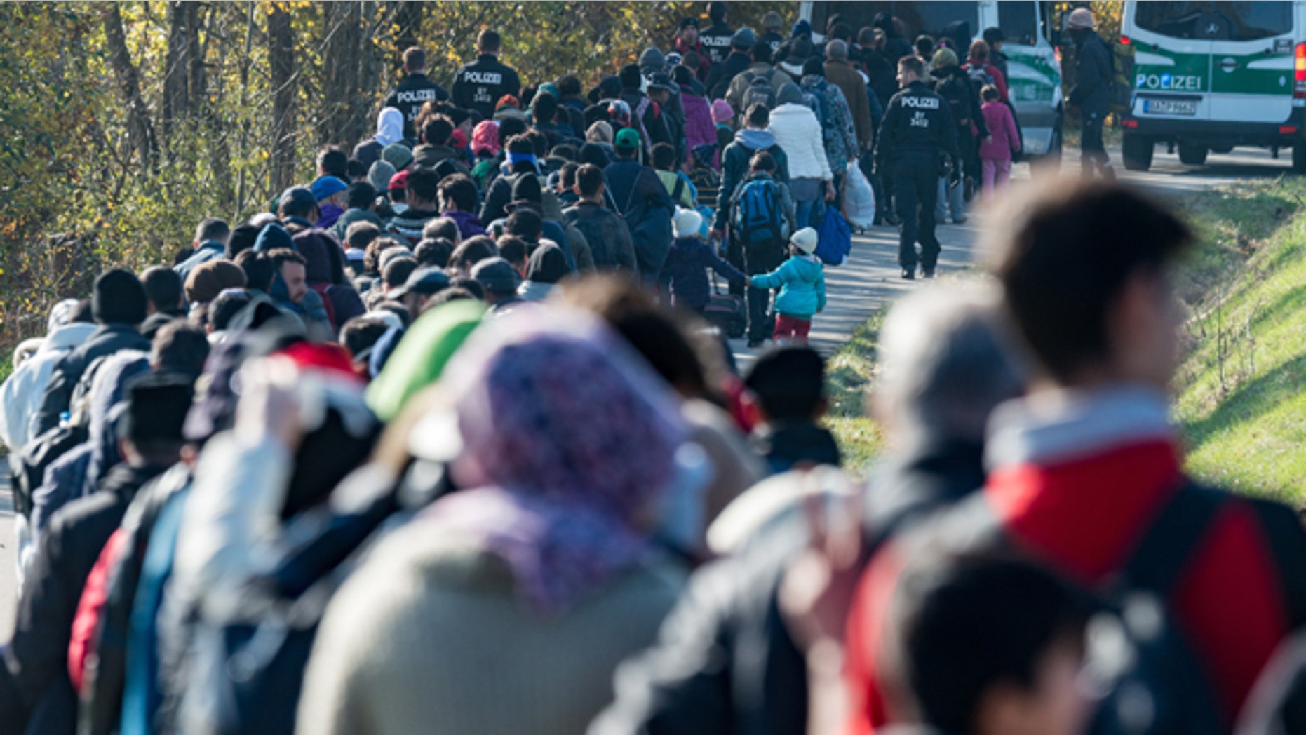 Oct. 27, 2015: Refugees are led by German Federal Police to an emergency accommodation center after crossing the Austrian-German border near Wegscheid, Germany. (Armin Weigel/dpa via AP)