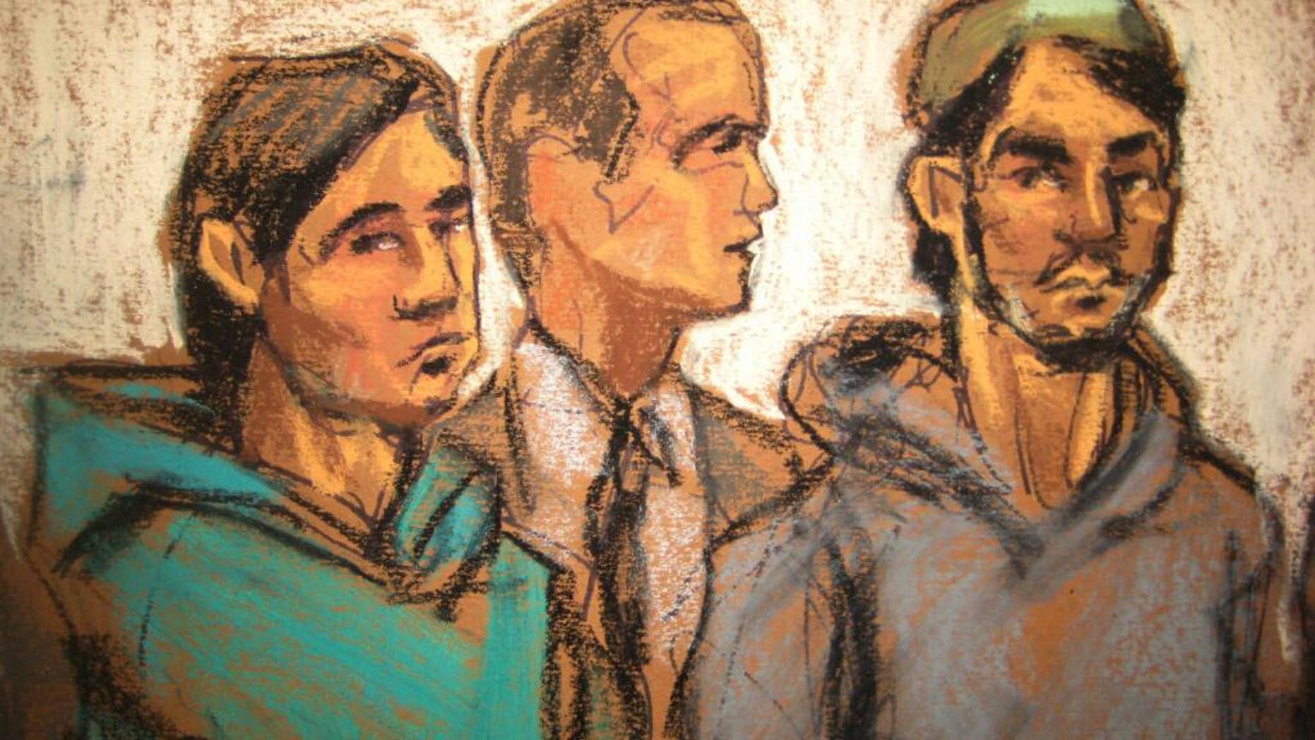 In this courtroom drawing, defendant Akhror Saidakmetov, left; an interpreter, center; and defendant Abdurasul Hasanovich Juraboev, appear at federal court in New York on terrorism charges, Wednesday, Feb. 25, 2015. Saidakmetov and Juraboev are two of the three men arrested on charges of plotting to travel to Syria to join the Islamic State group and wage war against the U.S. (AP Photo/Jane Rosenberg)