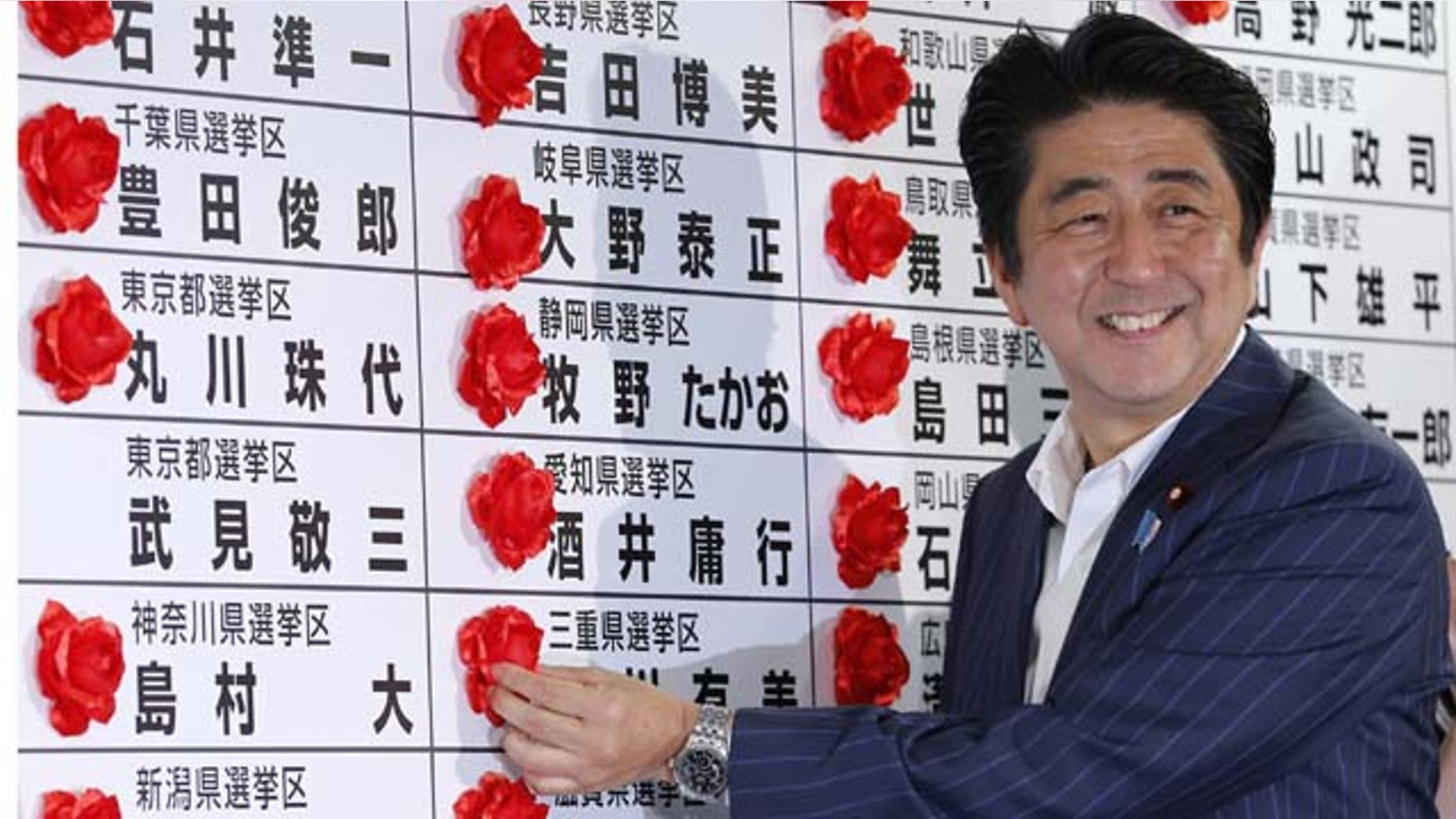 July 21, 2013: Japanese Prime Minister Shinzo Abe smiles as he places a red rosette on the name of his Liberal Democratic Party's winning candidate during ballot counting for the upper house elections at the party headquarters in Tokyo (AP Photo)