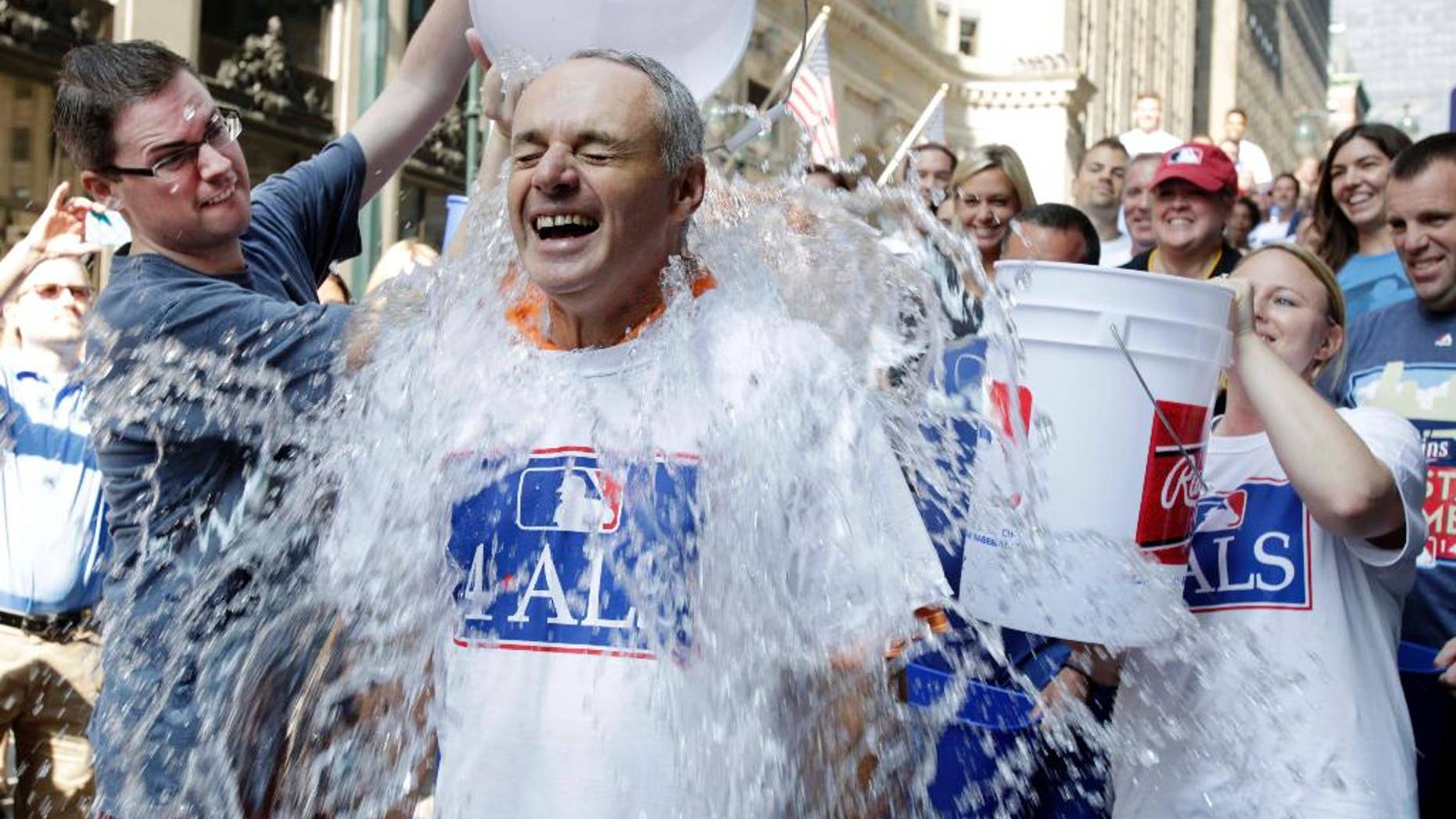 Major League Baseball Commissioner-elect Rob Manfred participates in the ALS Ice-Bucket Challenge outside the organization's headquarters in New York, Wednesday, Aug. 20, 2014. Manfred participated with more than 160 other MLB employees to raise more than $16,000 for the ALS Association. (AP Photo/Vanessa A. Alvarez)