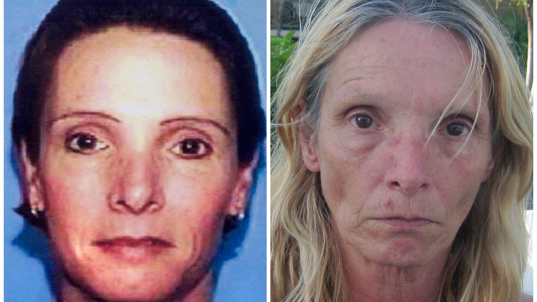April 26, 2013: This combination of Associated Press file photos shows, left, an undated driver's license photo distributed by police in 2002 of Brenda Heist, and right, an April 26, 2013 photo of Heist taken by the Monroe County, Fla. Sheriff's Office and released by the Lititz Borough, Pa. Police.