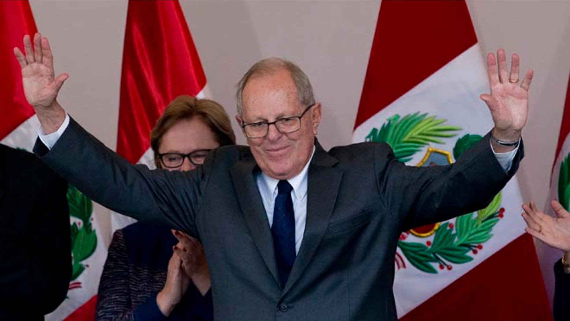 Pedro Pablo Kuczynski acknowledges the crowd at the end of a news conference in Lima, Peru, June 9, 2016.
