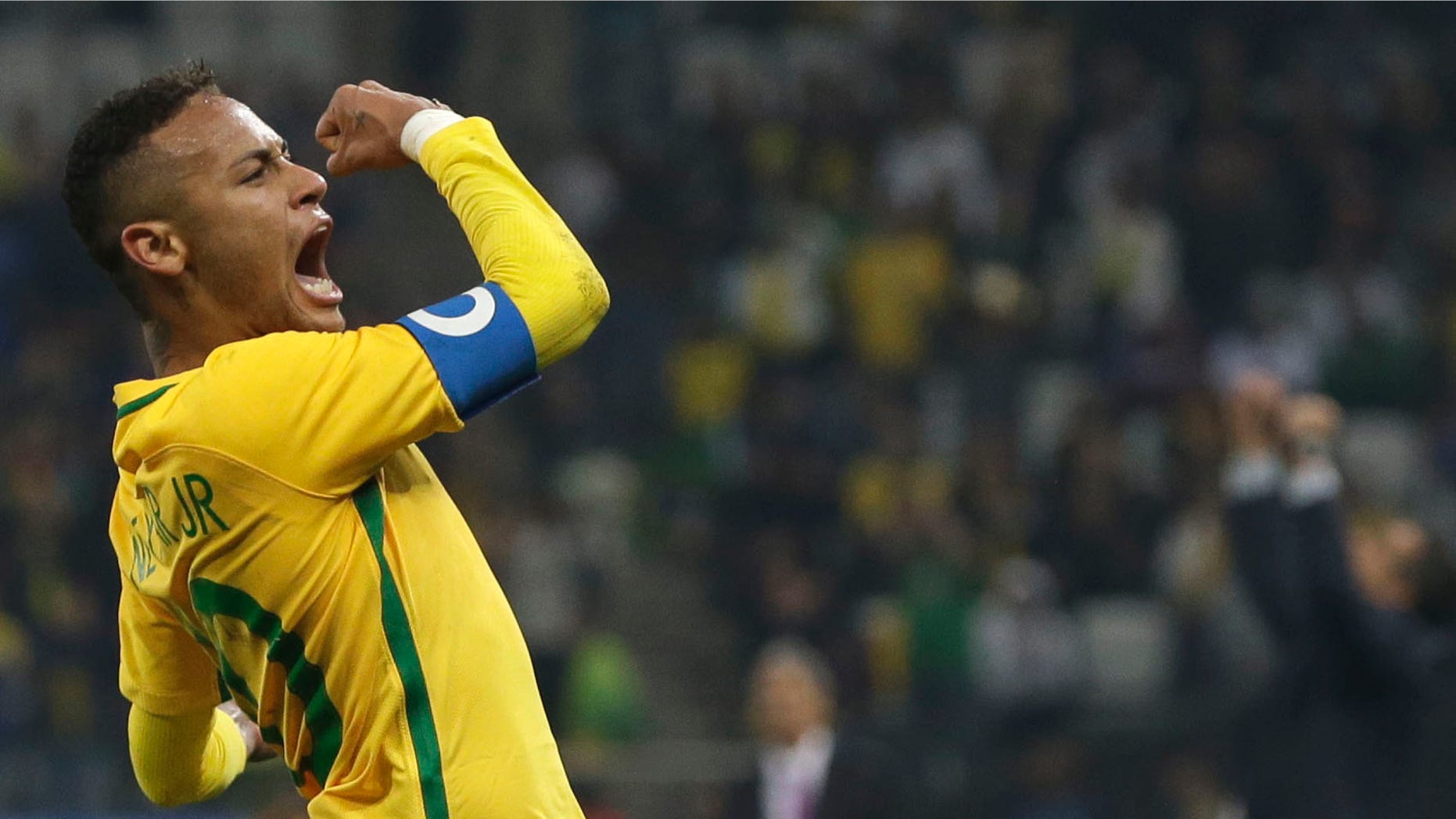 Brazil's Neymar celebrates at the end of a quarter-final match of the men's Olympic football tournament against Colombia in Sao Paulo, Brazil, Saturday Aug. 13, 2016. Brazil won 2-0 and qualified for the semi-finals.(AP Photo/Leo Correa)