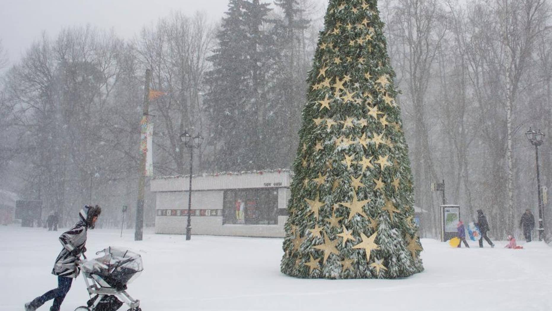 A woman walks with her child through heavy snowfall at a park in Moscow, Russia, Thursday, Dec. 25, 2014. (AP Photo/Ivan Sekretarev)