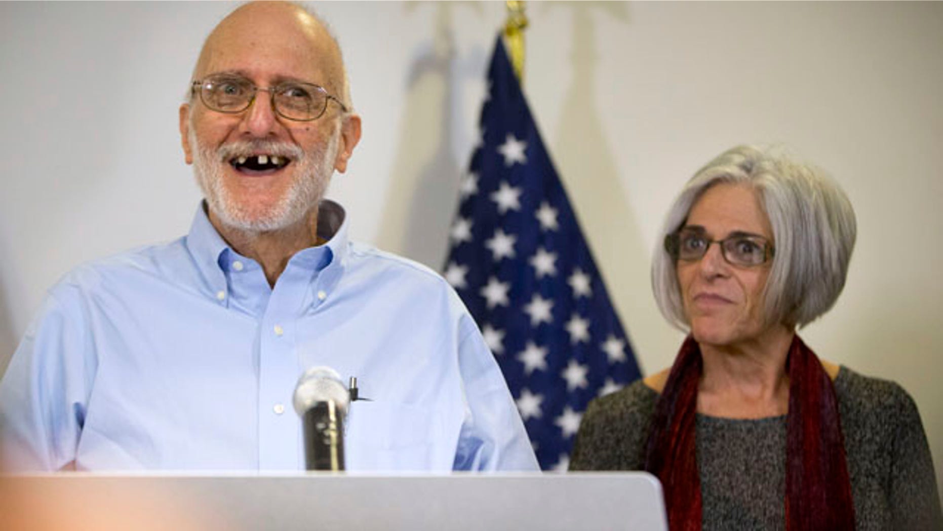 Dec. 17, 2014: Alan Gross, accompanied by his wife, Judy, speaks during a news conference at his lawyer's office in Washington. Gross was released from Cuba after five years in a Cuban prison. (AP Photo/Pablo Martinez Monsivais)