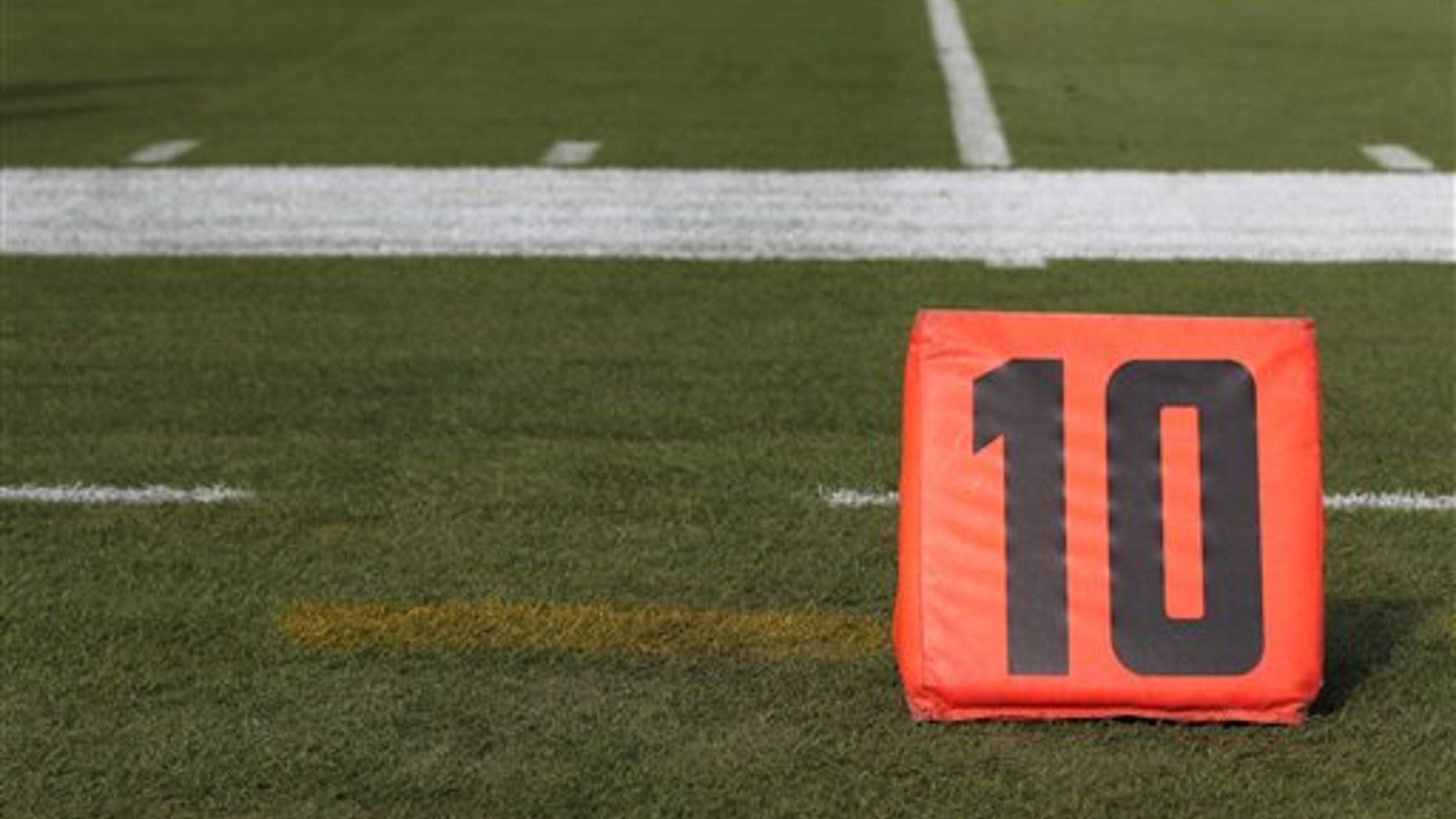 A detail view of a 10 yard line marker is seen prior to an NFL football game against the Jacksonville Jaguars at EverBank Field on Sunday, Oct. 18, 2015 in Jacksonville, Fla. (Perry Knotts via AP)