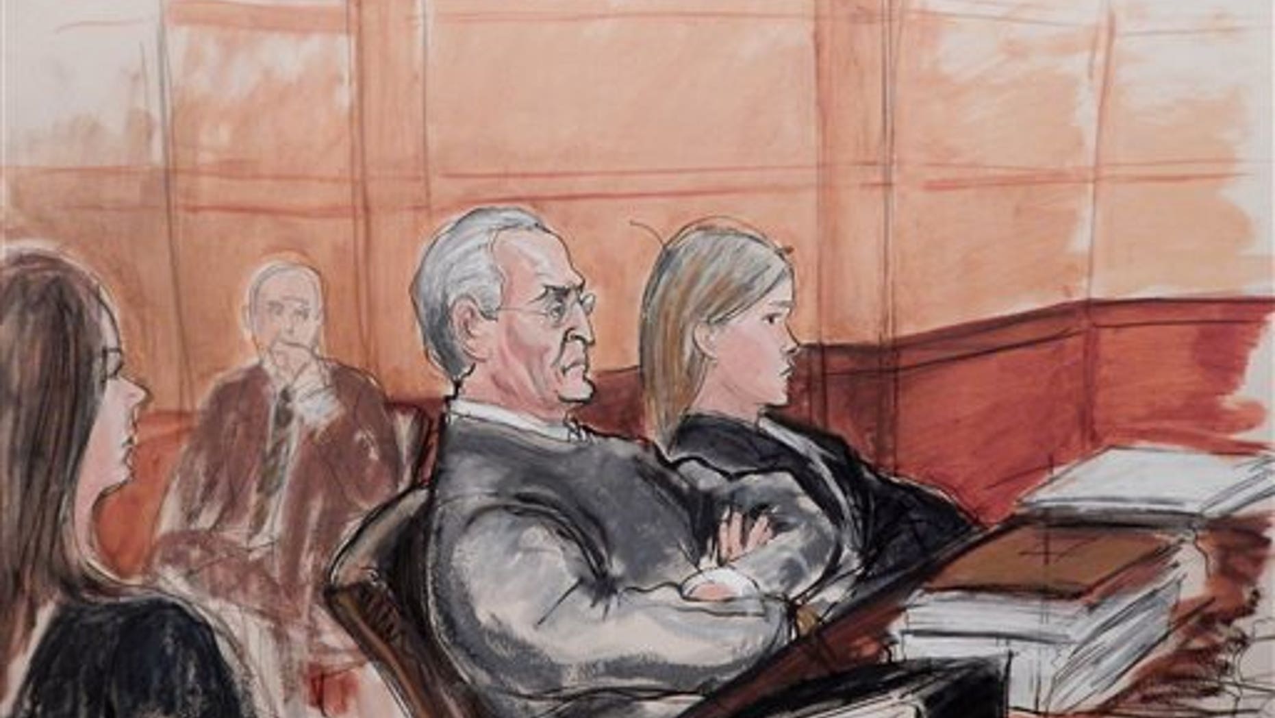 In this courtroom sketch, Vincent Asaro, 80, third from left, sits flanked by his defense attorneys during opening arguments Monday, in his federal racketeering conspiracy trial for his role in the JFK Airport cargo heist. The dramatic robbery was immortalized in the film Goodfellas. (Elizabeth Williams via AP)