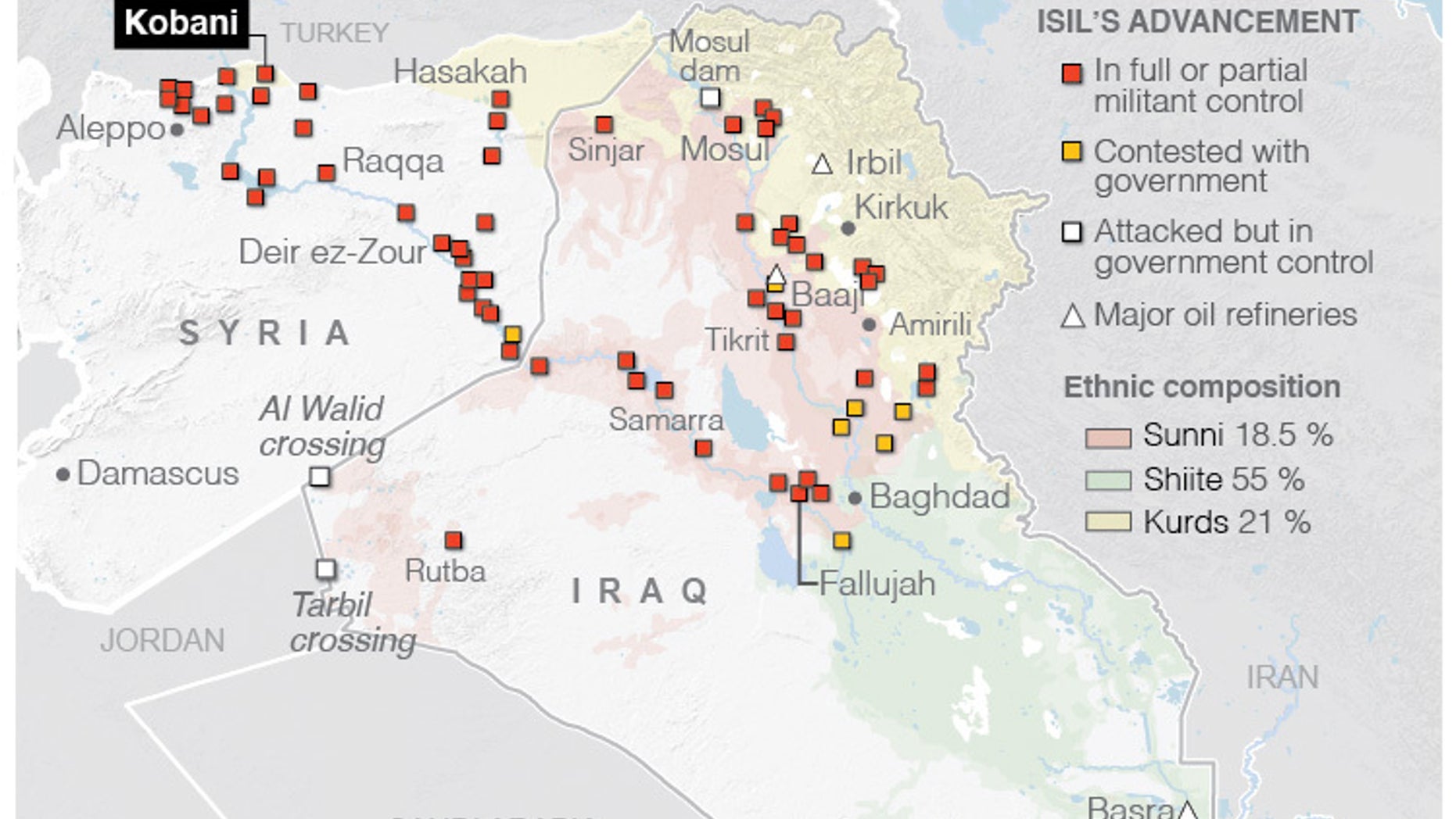 Map shows the spread of the Islamic State across Iraq and Syria with ethnic borders on the map.;