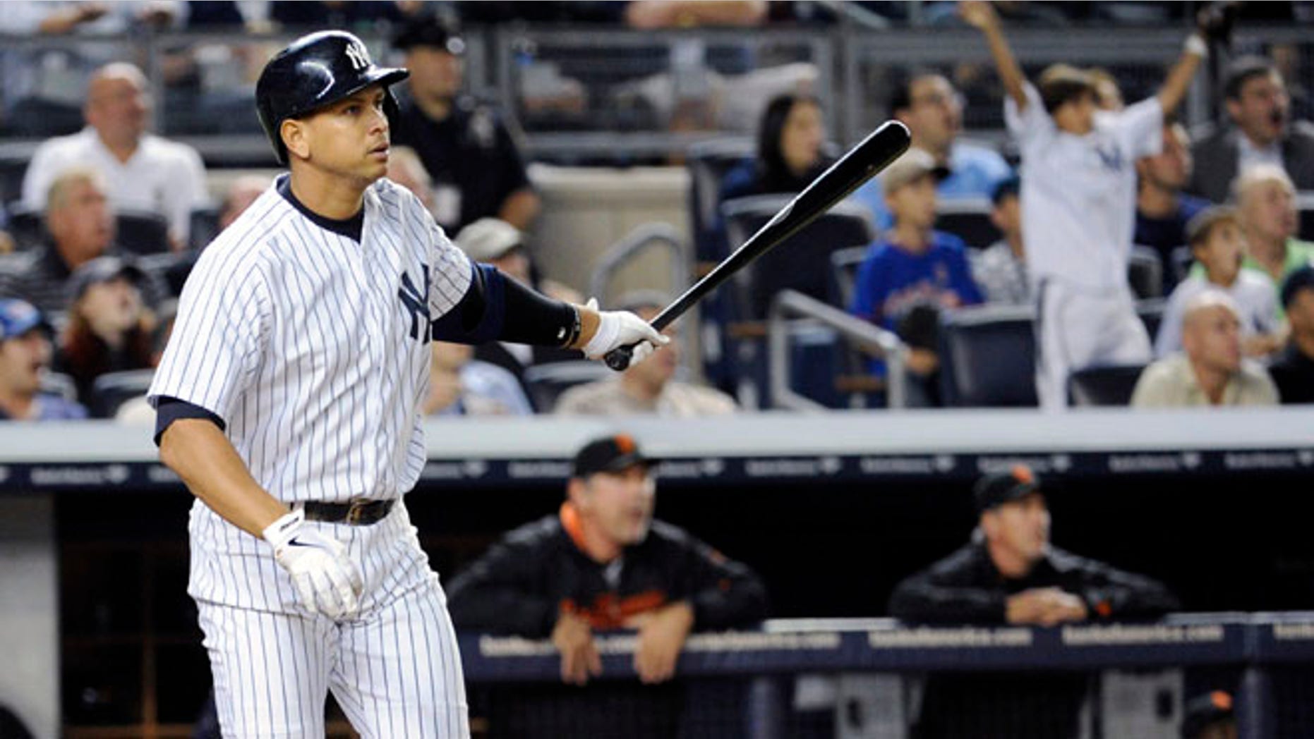 Sept. 20: Alex Rodriguez watches his grand slam during the seventh inning of an interleague baseball game against San Francisco.