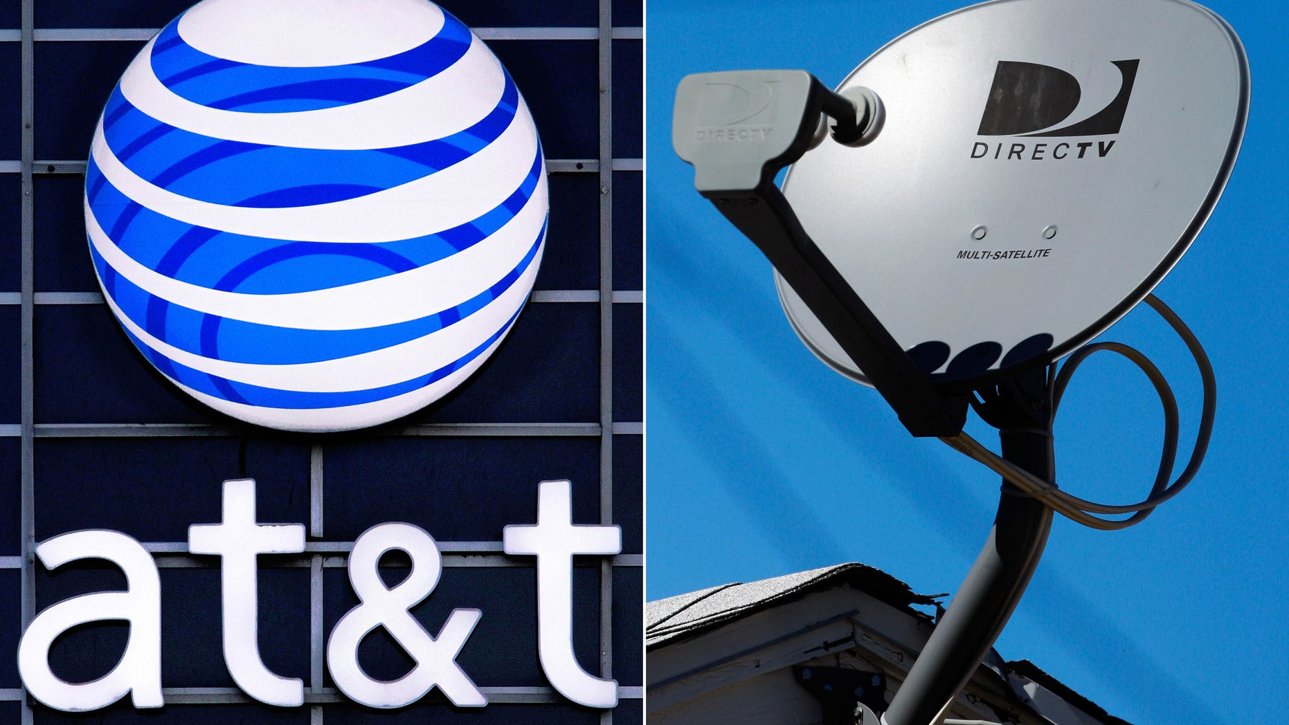 This combo made from file photos shows the AT&T logo on the side of a corporate office in Springfield, Ill., left, and a DirecTV satellite dish atop a home in Los Angeles. Priming itself for the age of Internet-delivered video, AT&T Inc. on Sunday, May 18, 2014 said it would buy DirecTV for $48.5 billion in cash and stock, or $95 per share. (AP Photo)