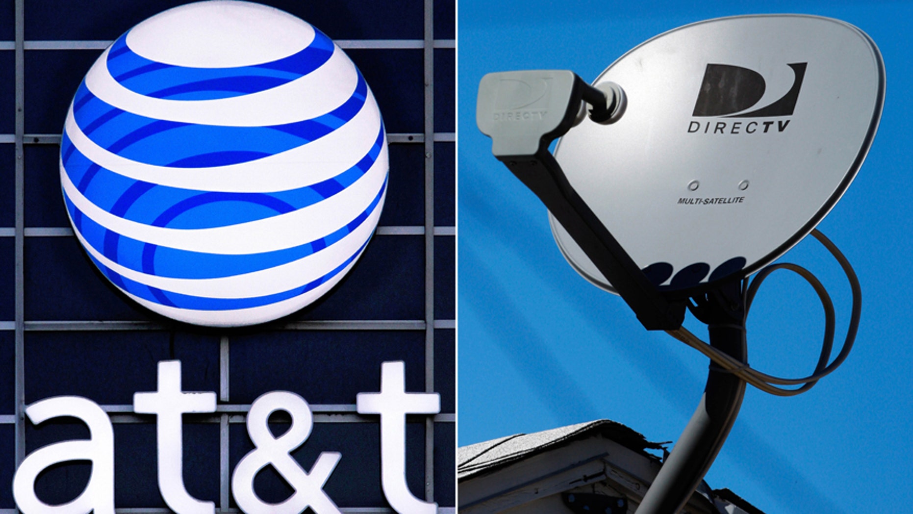 This file combo made from file photos shows the AT&T logo on the side of a corporate office in Springfield, Ill., left, and a DirecTV satellite dish atop a home in Los Angeles.