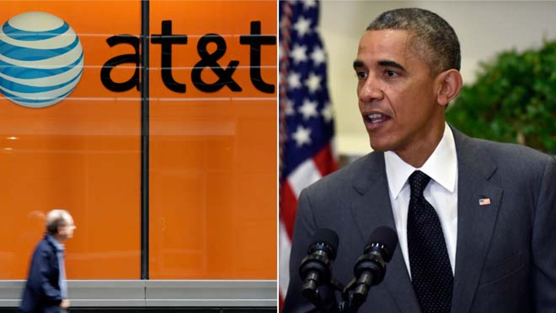This Tuesday, Oct. 21, 2014 photo shows an AT&T store on New York's Madison Avenue and President Barack Obama on Saturday, Nov. 8, 2014, in the Roosevelt Room of the White House in Washington.