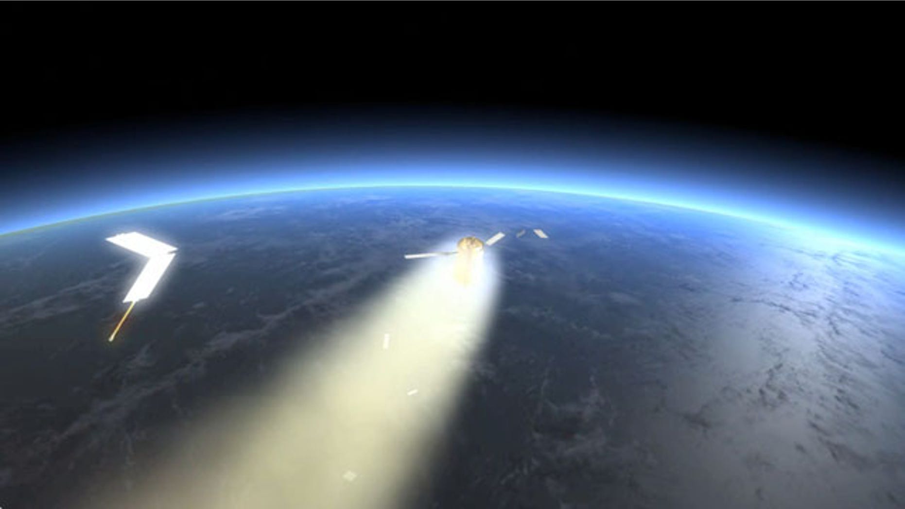 Illustration of the European ATV-2 reentry and breakup because of the atmospheric forces.