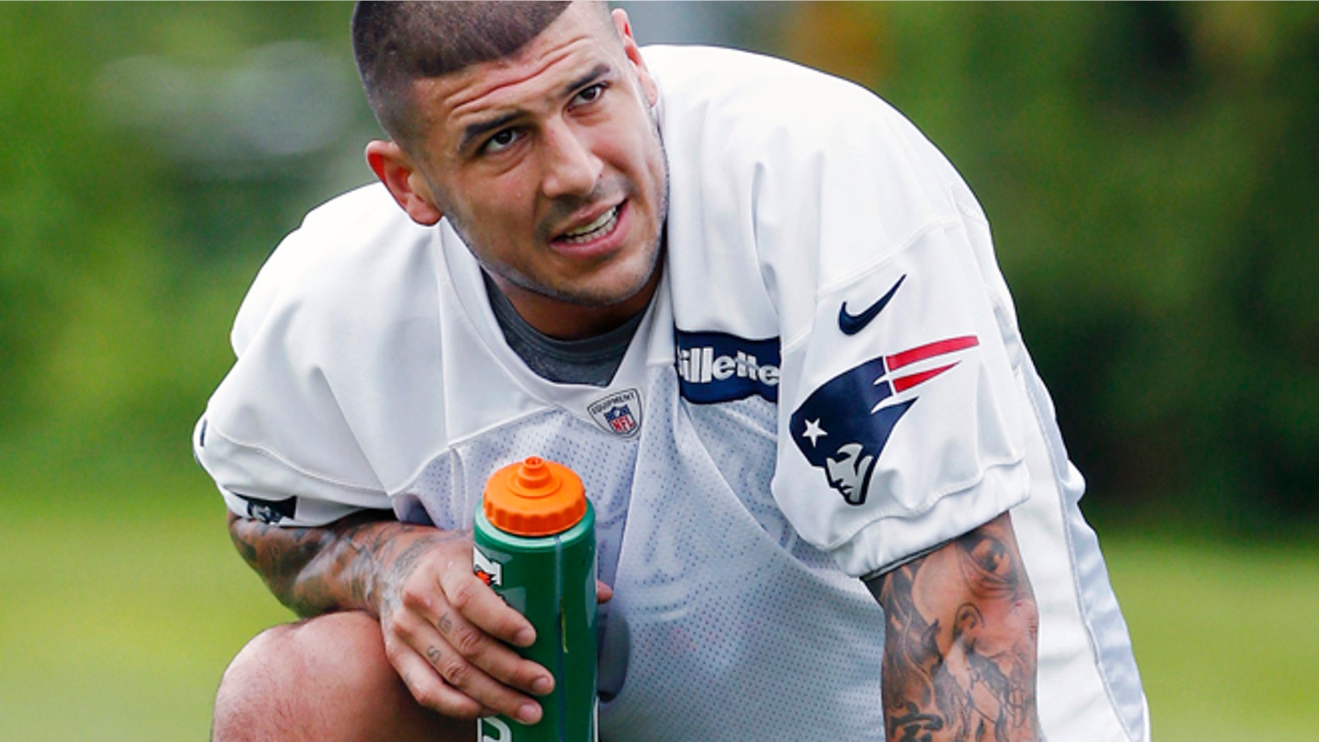 New England Patriots' Aaron Hernandez during NFL football practice in May 29, 2013 in Foxborough, Mass.