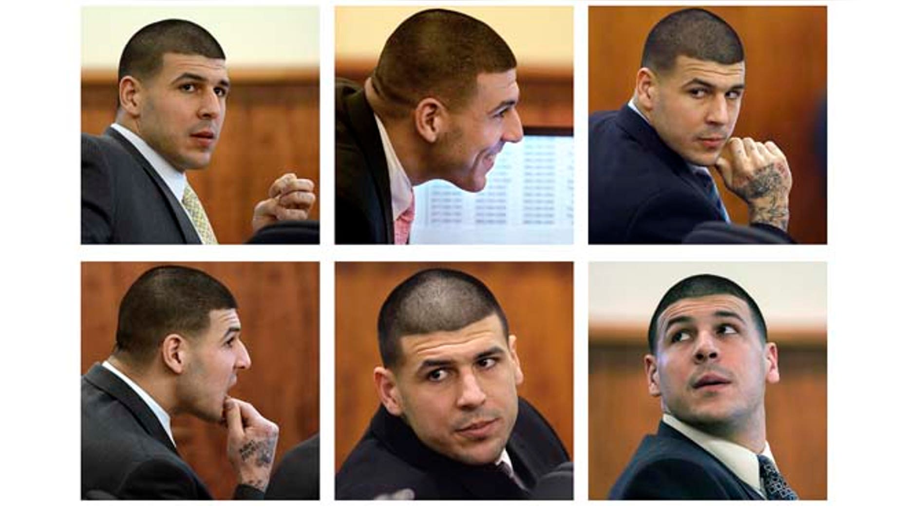 In this panel of 2015 file photos, former New England Patriots football player Aaron Hernandez sits in court during his murder trial in Fall River, Mass. (AP)