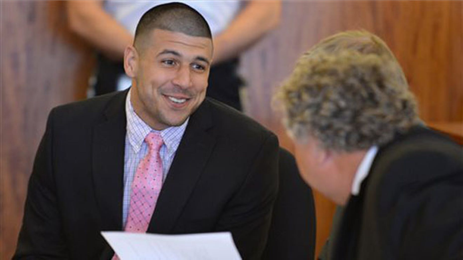 Aaron Hernandez during a hearing in Fall River superior court Monday July 7, 2014, in Fall River, Mass.