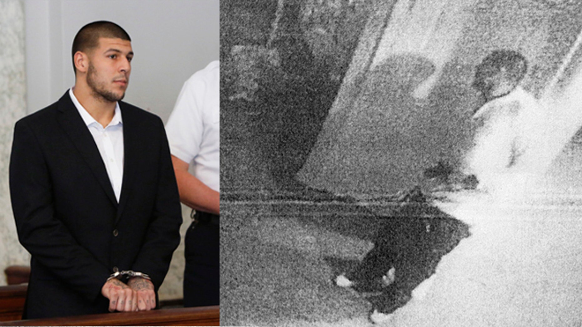 This black and white photo taken from former New England Patriot Aaron Hernandez's home surveillance system in North Attleborough, Mass., and released in documents by the Attleboro District Court Thursday, July 25, 2013, shows Hernandez holding what authorities said appears to be a gun, shortly after Odin Lloyd was shot to death on June 17. Hernandez pleaded not guilty to murder in Lloyd's death. (AP Photo/Attleboro District Court)