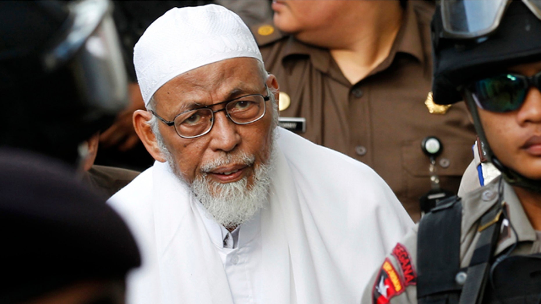 March 14, 2011: Radical Indonesian Muslim cleric Abu Bakar Bashir arrives at south Jakarta's court compound.