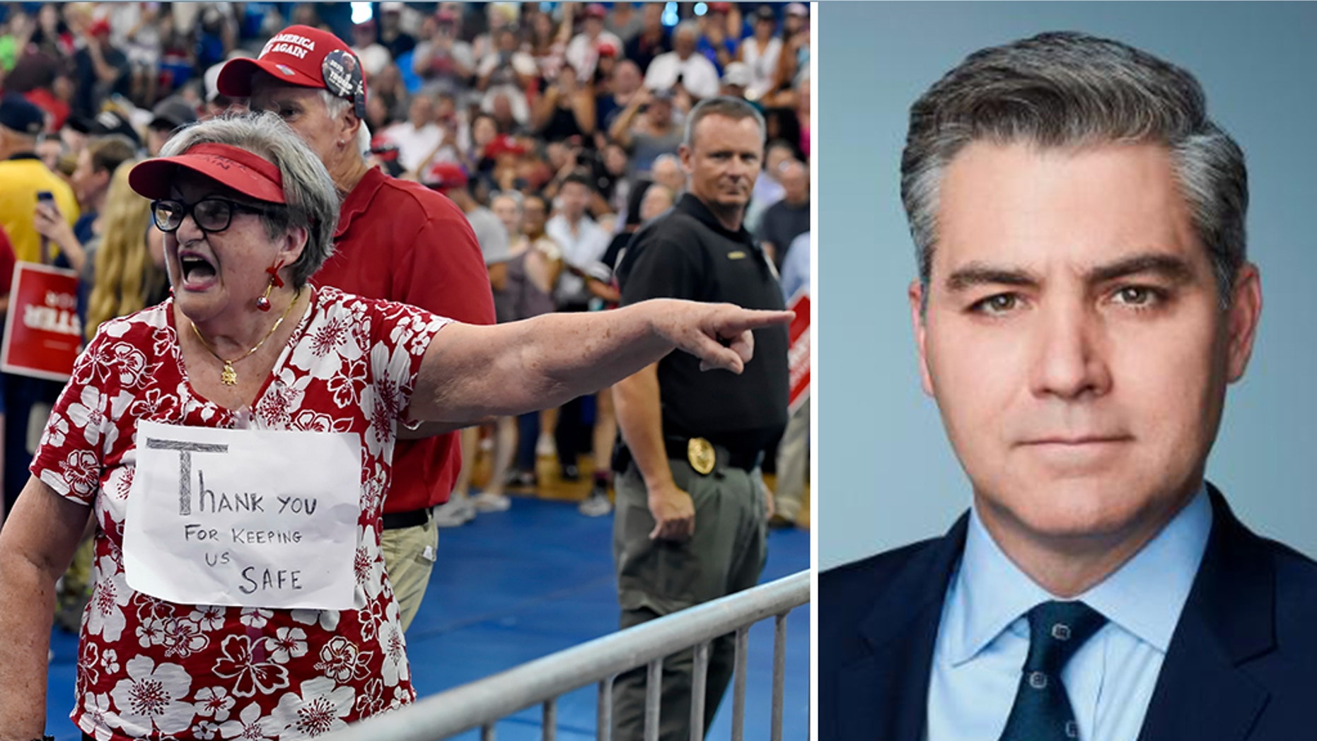 Maria Rojas, from West Columbia berates CNN Chief White House Correspondent Jim Acosta, right, before President Trump who is in town to support Gov. Henry McMaster speaks to the crowd at Airport High School Monday, June 25, 2018, in West Columbia, S.C.