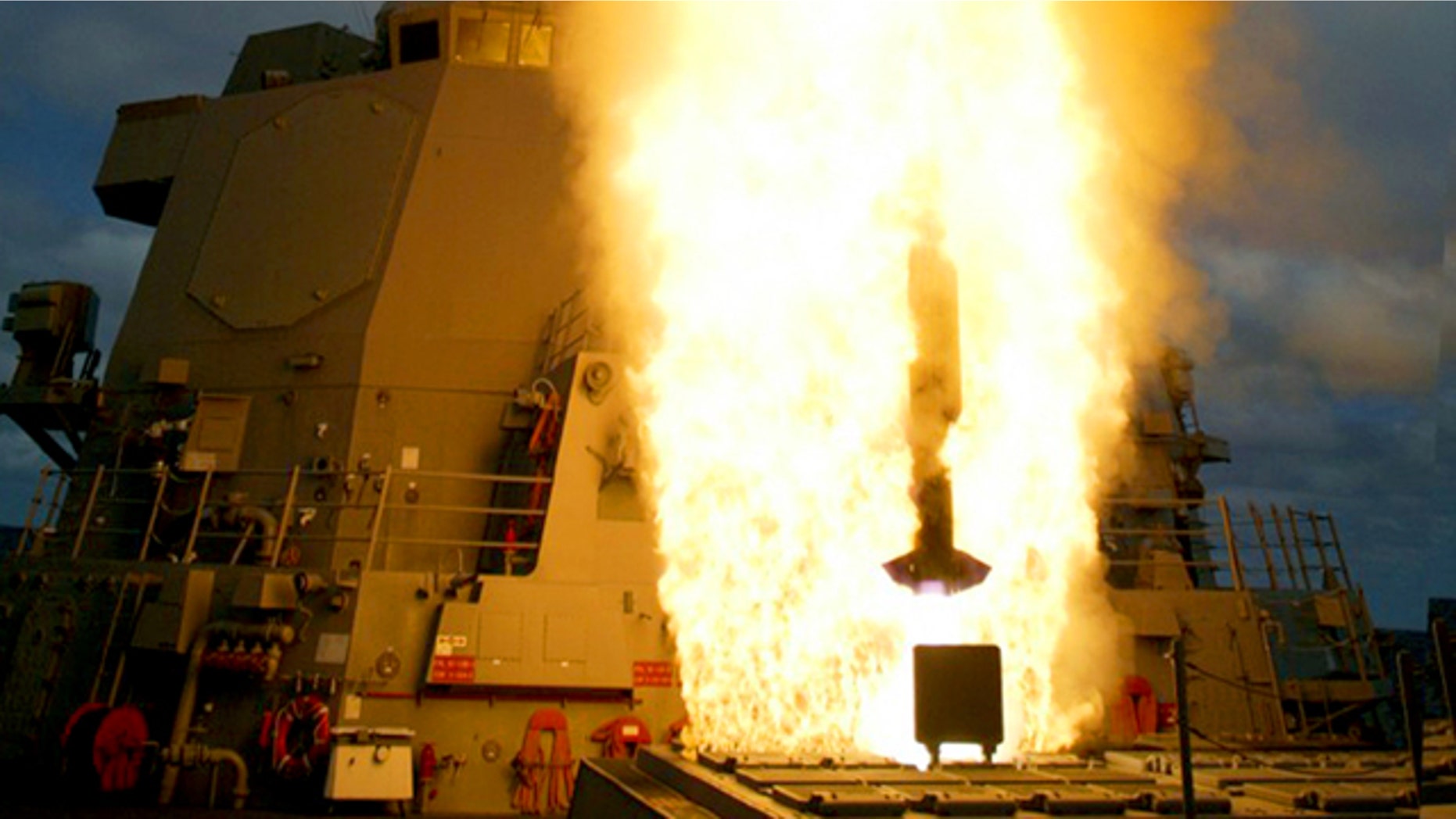 In an undated photo supplied by Lockheed Martin, an Aegis-equipped destroyer launches an intercept missile. The missile defense system is intended to intercept and destroy short- and medium-range ballistic missiles.