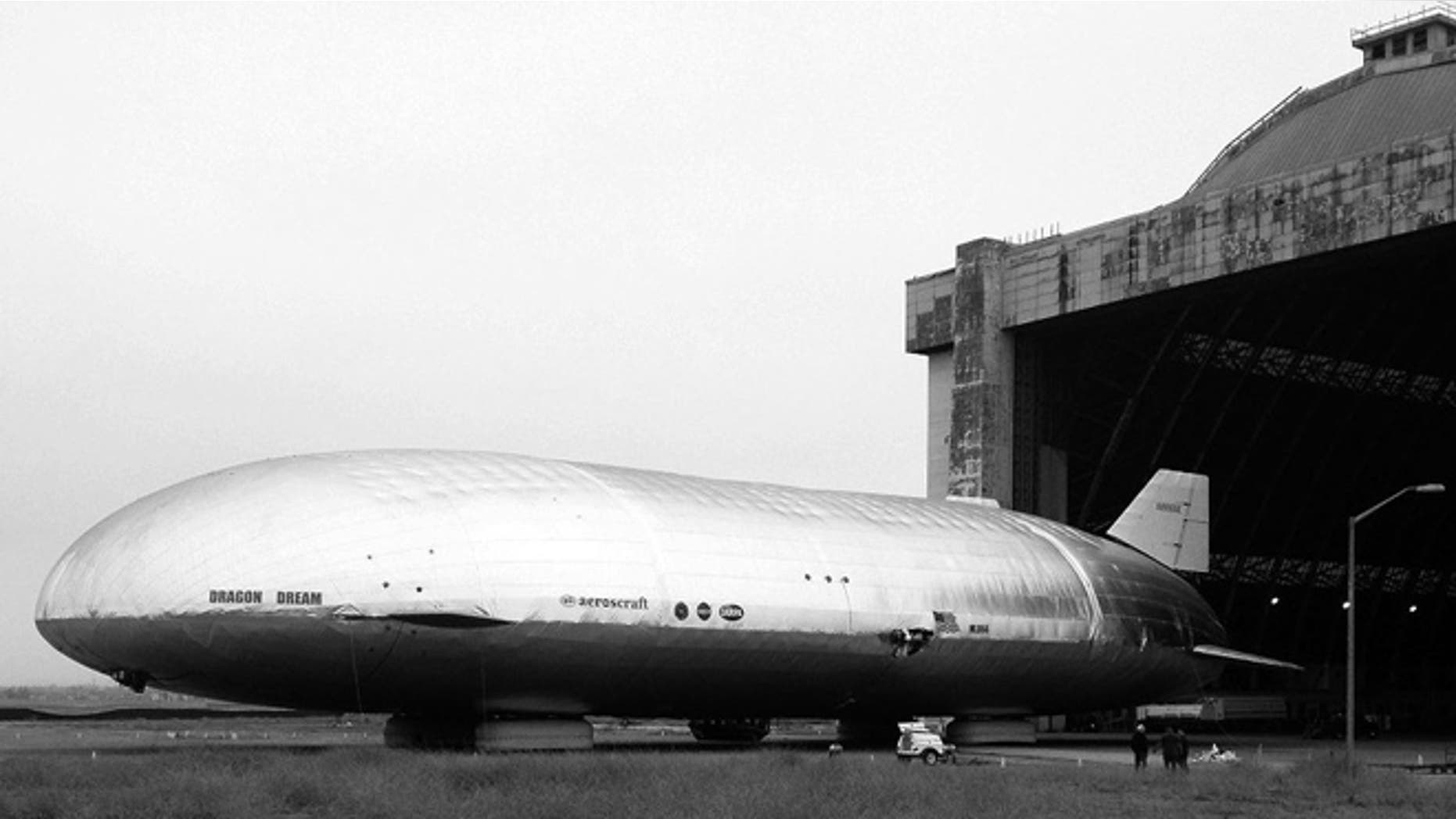 The Aeroscraft at its storage hangar at a Navy-operated facility in Southern California.