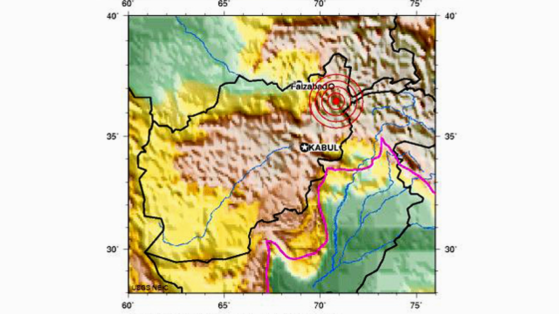 The preliminary earthquake report from the U.S. Geological Survey's National Earthquake Information Center shows the epicenter of the quake, just north of Faizabad in Afghanistan.