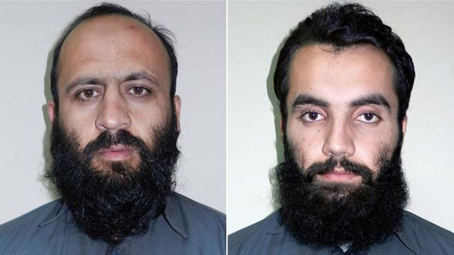 In these Oct. 15, 2014 photos provided by Afghanistan's National Directorate of Security (NDS), Hafiz Rashid, left, and Anis Haqqani, both senior leaders of the Al Qaeda-linked Haqqani network, pose for pictures in Kabul, Afghanistan.