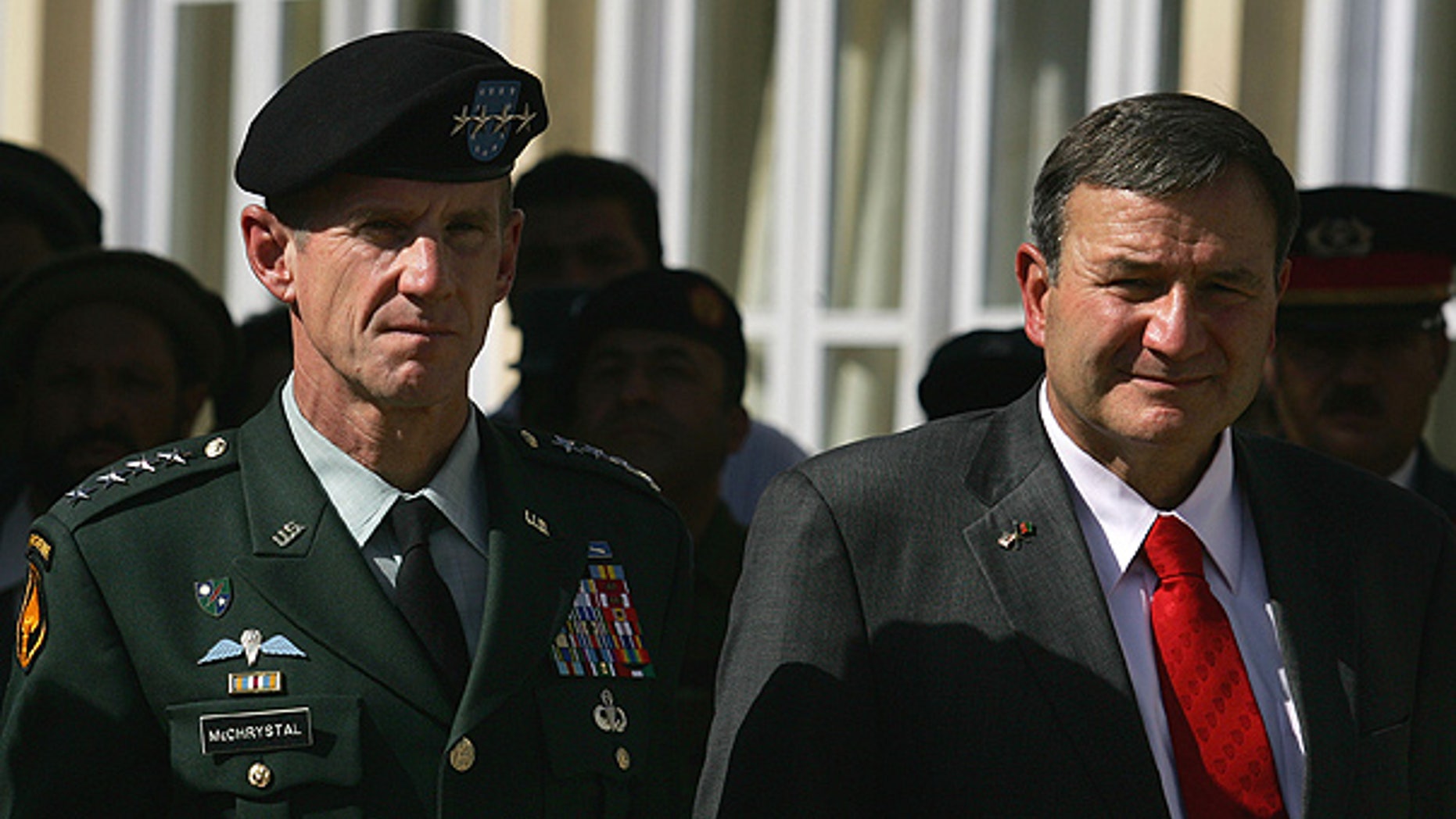 Oct. 14: General Stanley McChrystal and U.S. Ambassador Karl Eikenberry look on during a memorial service to honor members of the Afghan National Security Forces who lost their lives. (AP)