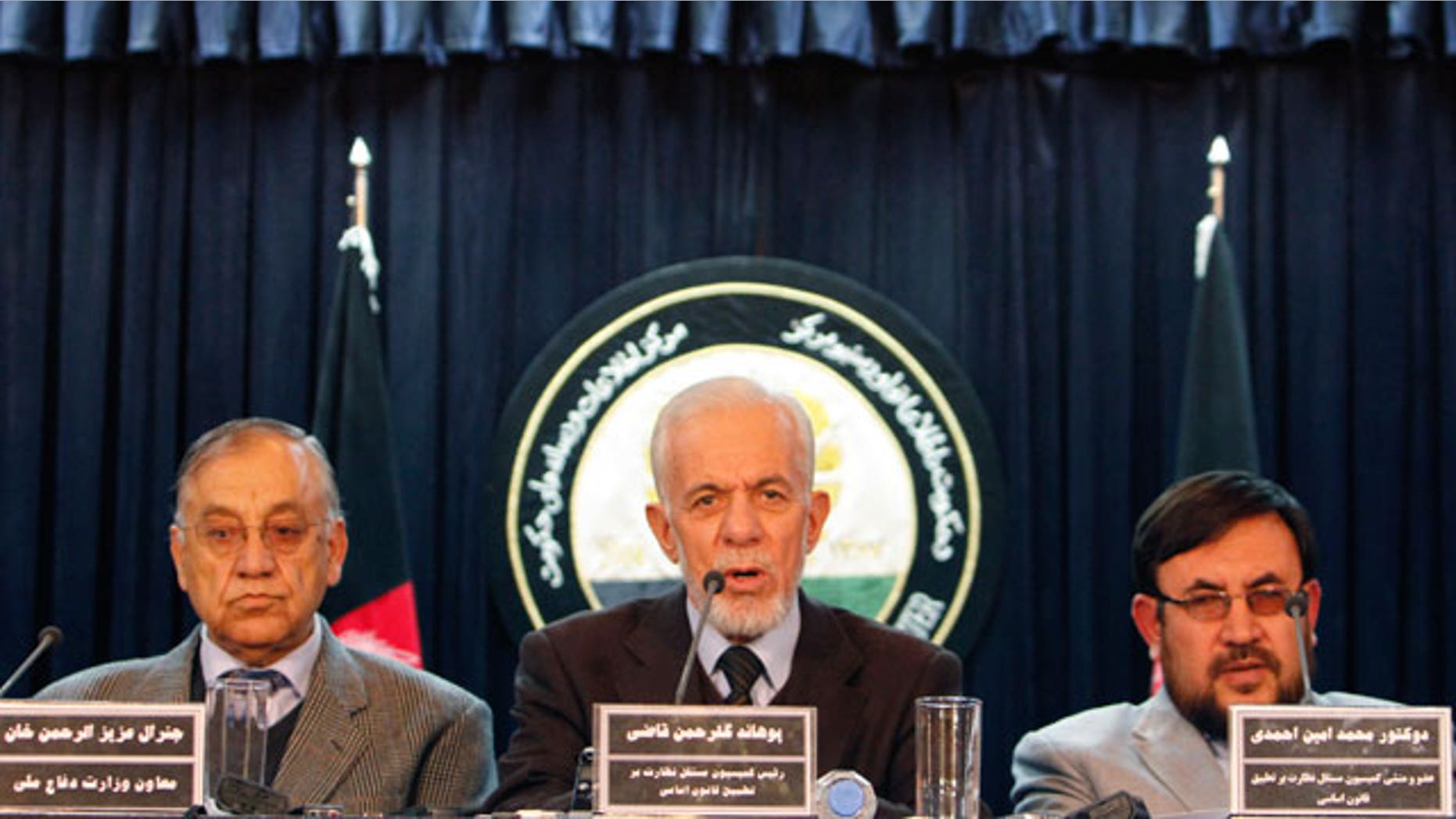 Jan. 7, 2012: Gul Rahman Qazi , center, head of an Afghan investigative commission speaks during a media conference in Kabul, Afghanistan.